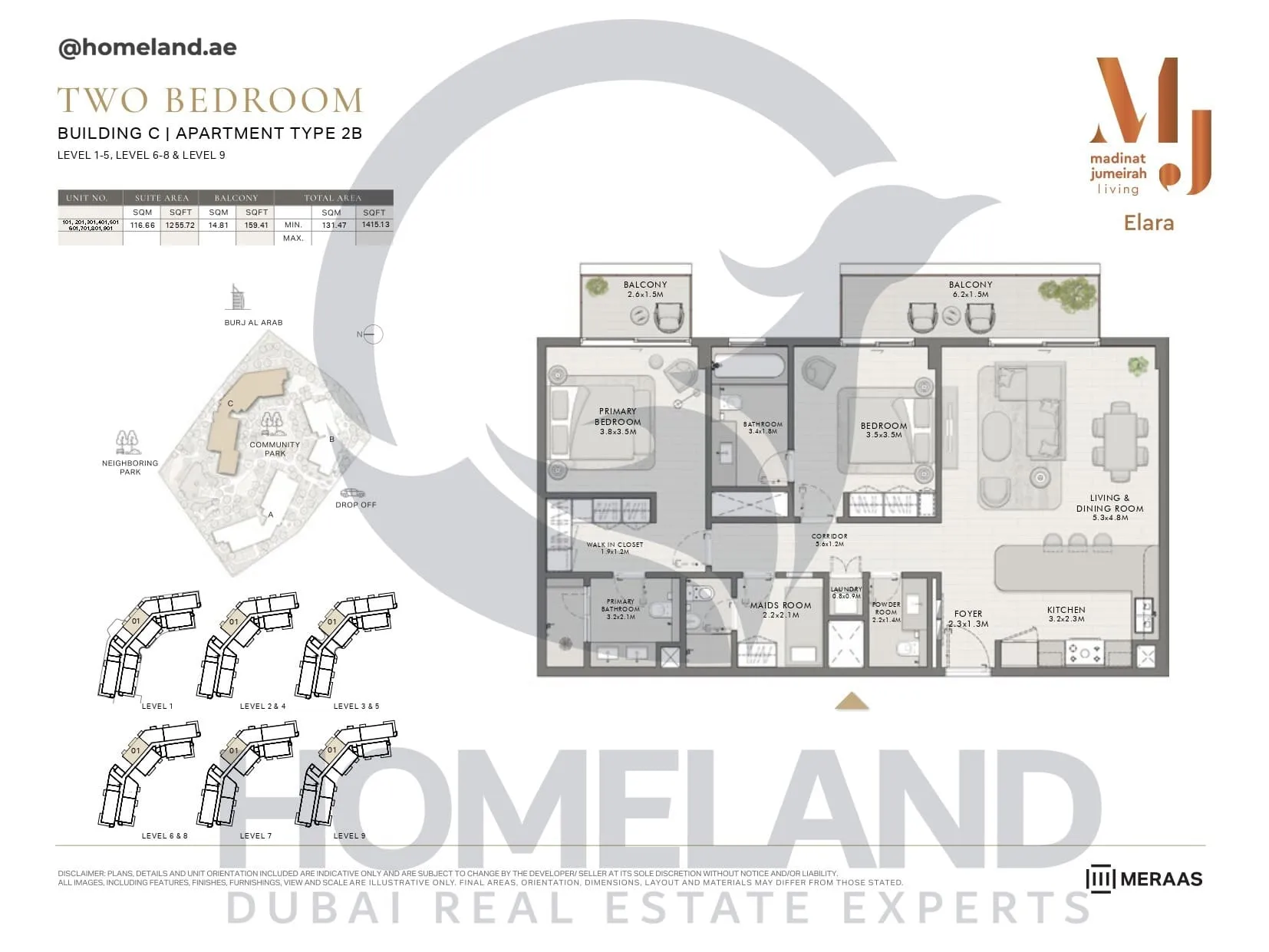 Elara, Building C, Type 2B, 2 BR, Unit 101-201-301-401-501-601-701-801-901, Level 1-5-6-8-9, 1415 SQFT
