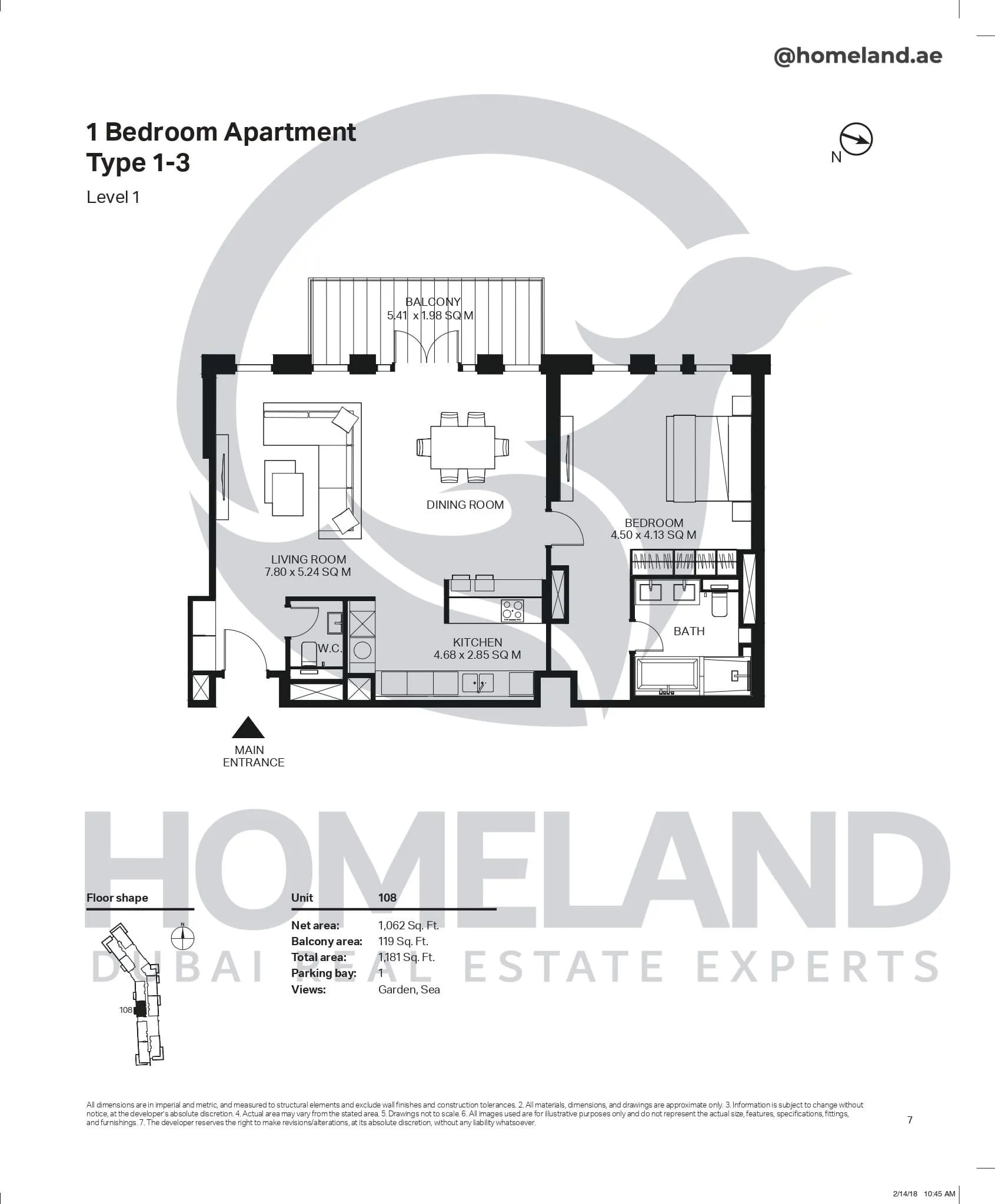 Bluewaters Residential Building Tower 3, 1 BR, Type 1-3, Level 1, Unit 108, 1181 SQFT