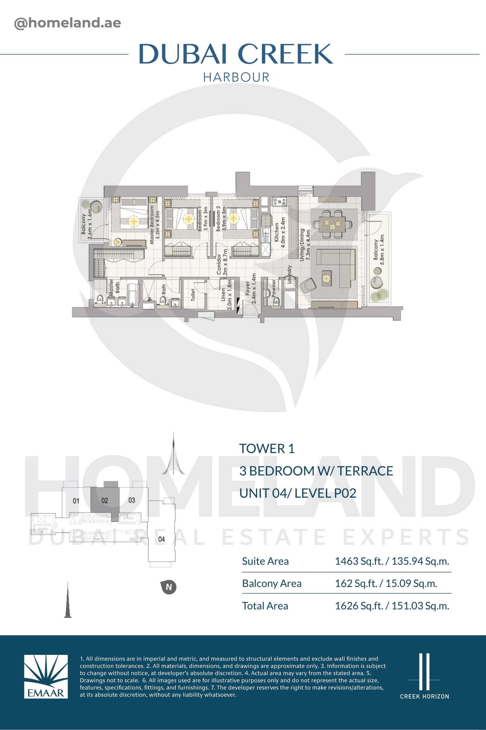 Creek Horizon, Tower 1, 3 BR Terrace, Unit 04, Level P02, 1626 SQFT