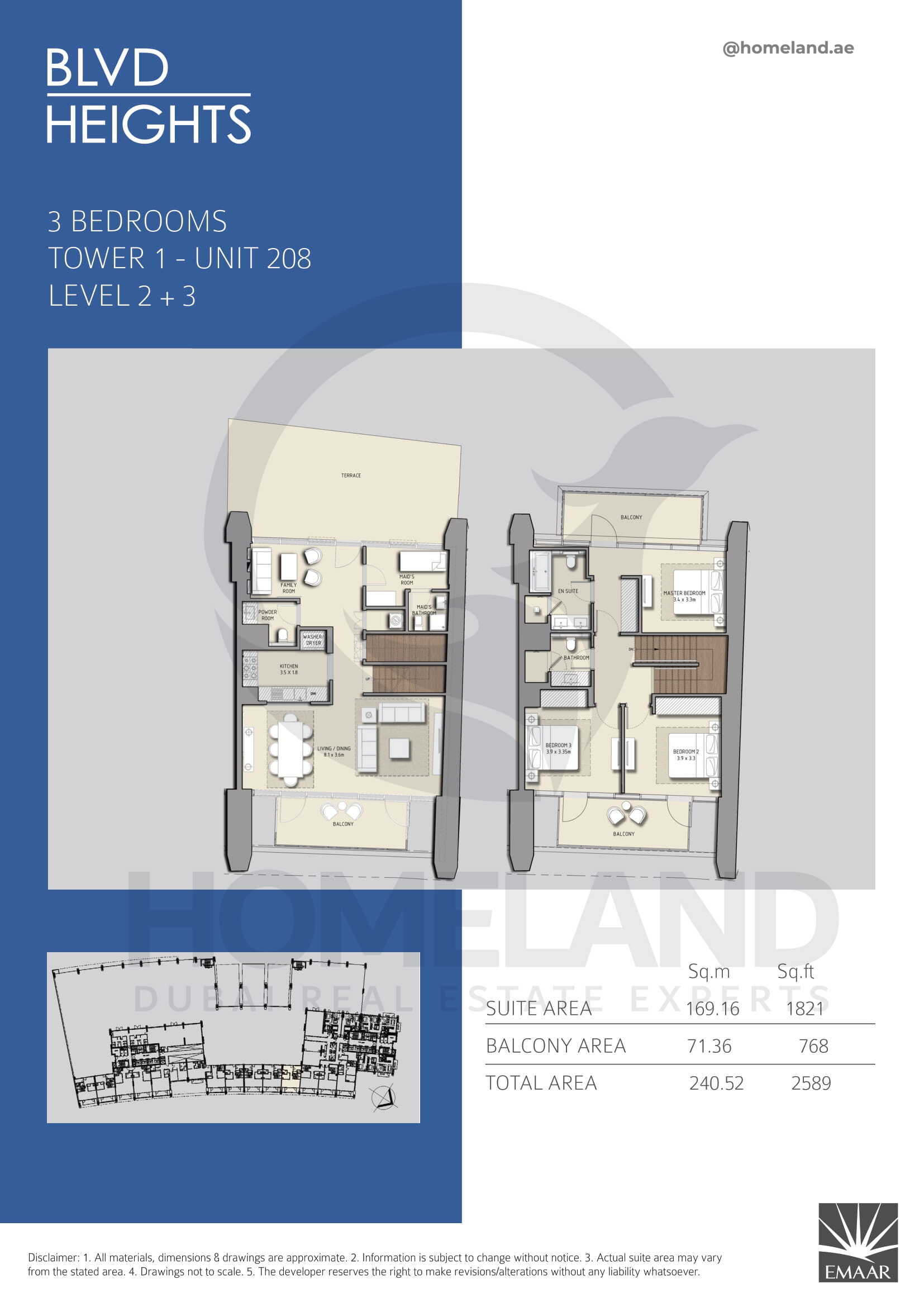 Blvd Heights T1, 3 BR, Unit 208, Level 2+3, 2589 SQFT