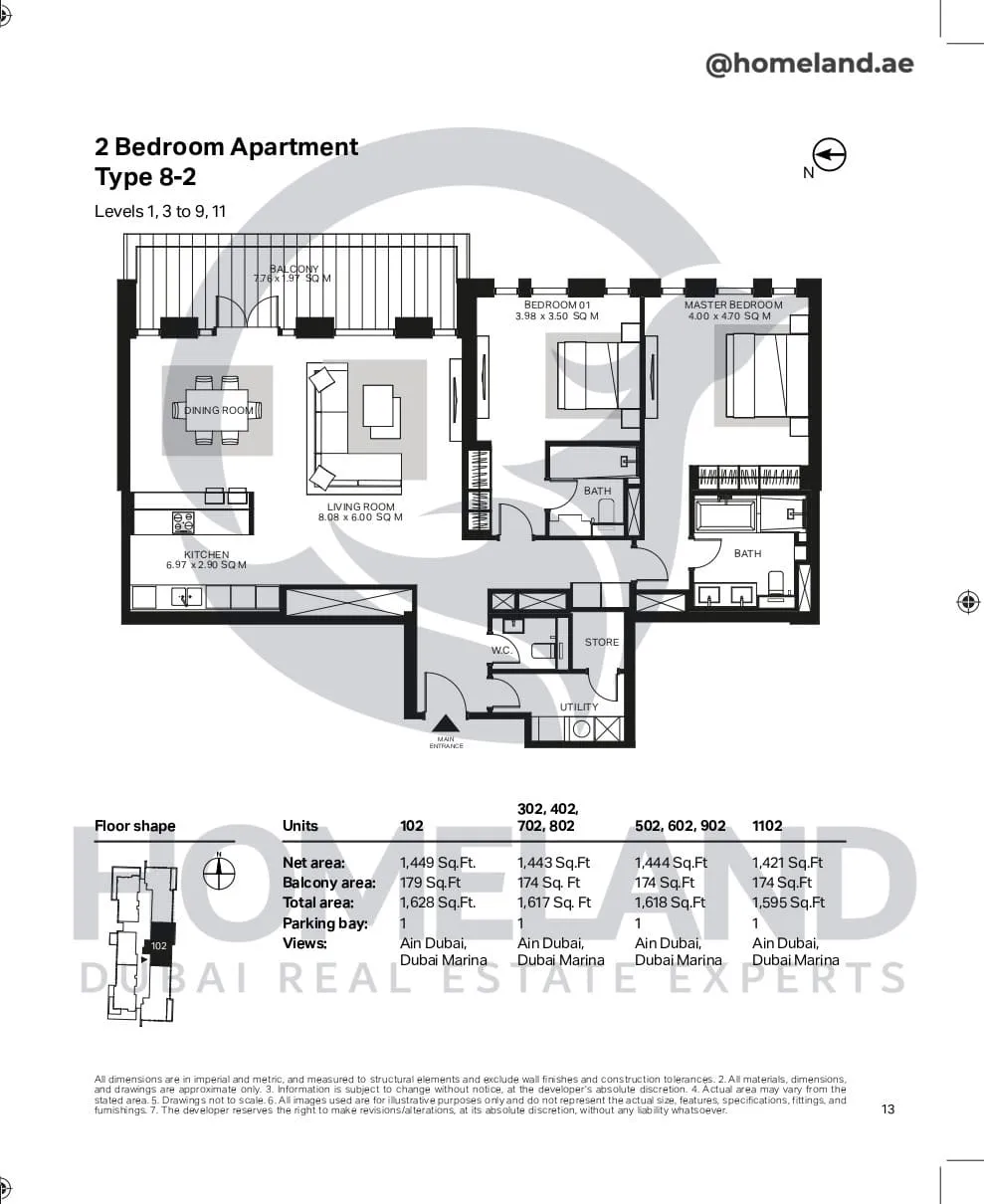 Bluewaters Residential Building Tower 6, 2 BR, Type 8-2, Level 1-3-9-11, Unit 102-302-402-502-602-702-802-902-1102, 1628 SQFT