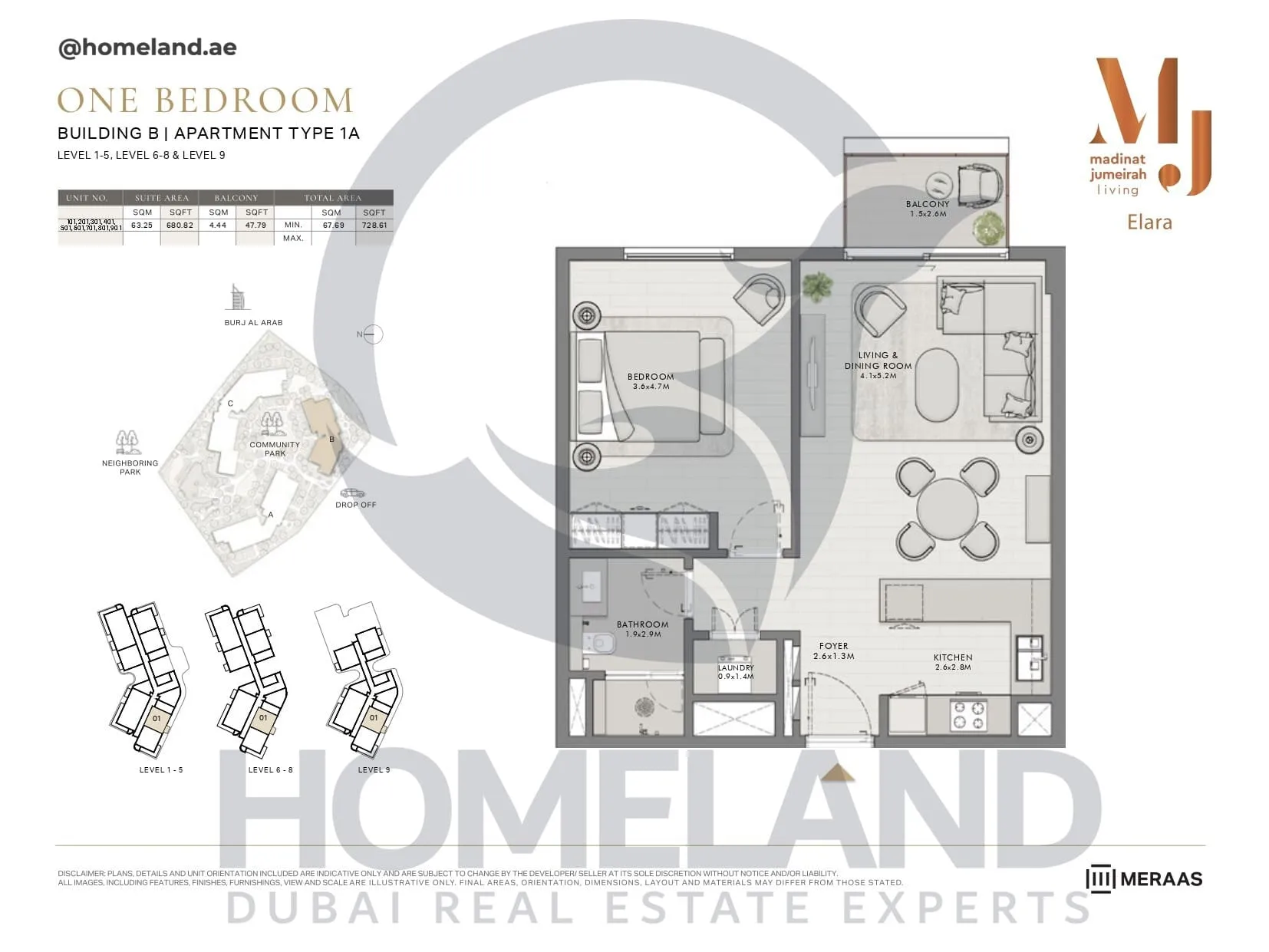 Elara, Building B, Type 1A, 1 BR, Unit 101-201-301-401-501-601-701-801-901, Level 1-5-6-8-9, 728 SQFT