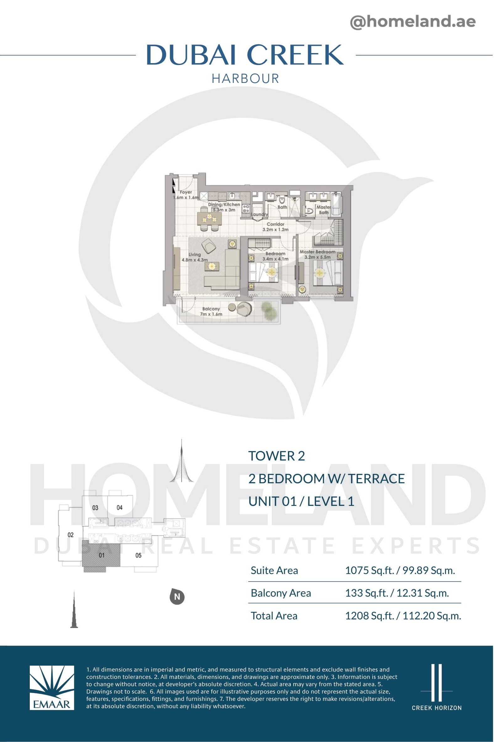 Creek Horizon, Tower 2, 2 BR Terrace, Unit 01, Level 1, 1208 SQFT