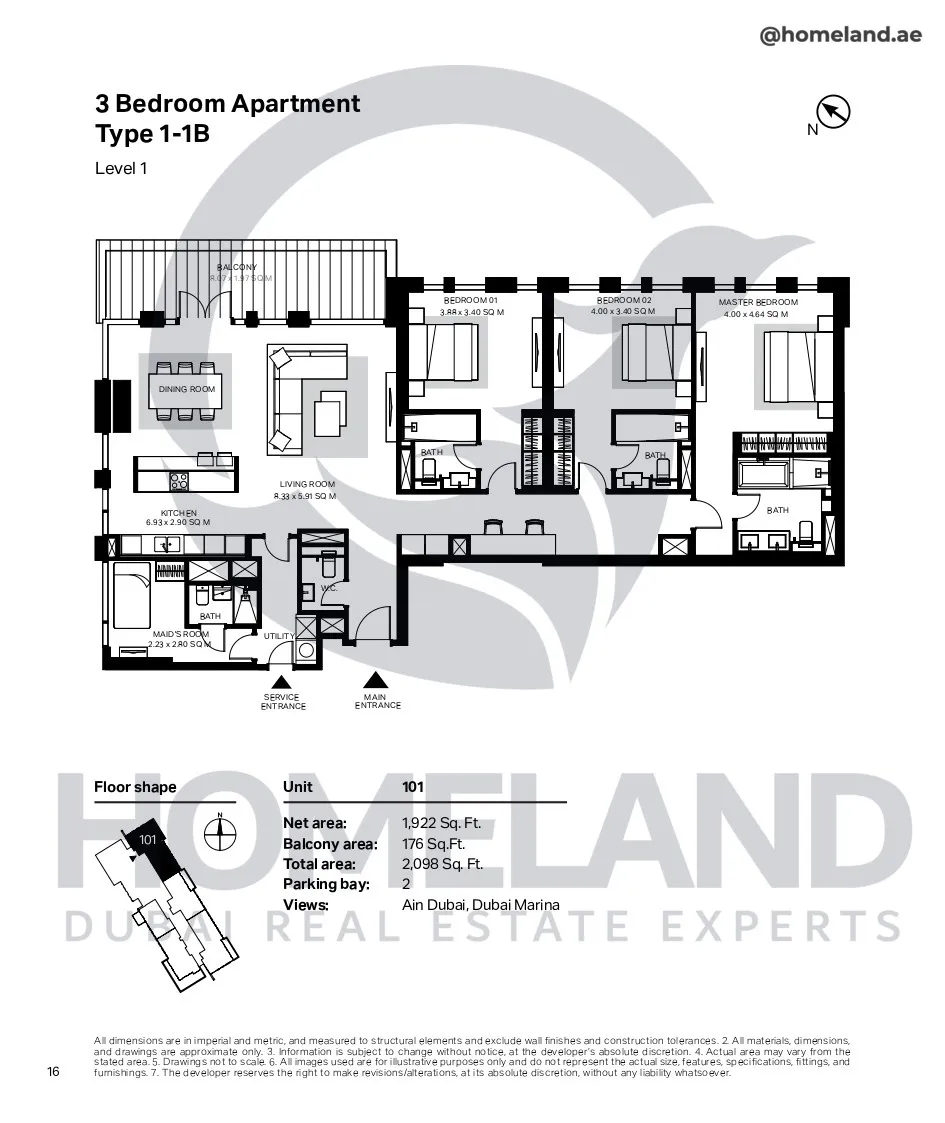 Bluewaters Residential Building Tower 7, 3 BR, Type 1-1B, Level 1, Unit 101, 2098 SQFT