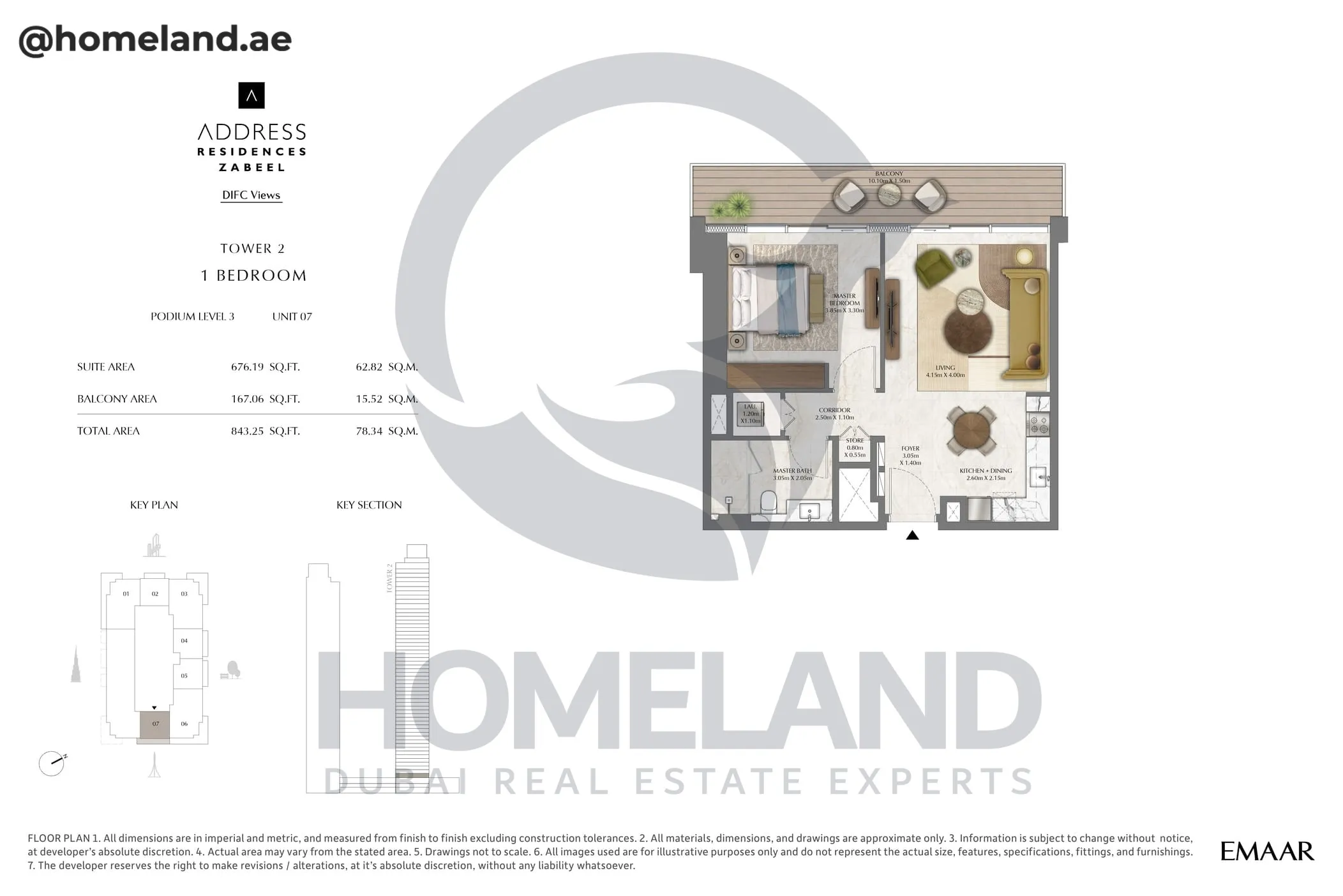 Address Residences Zabeel, Tower 2, 1BR, Podium Level 3, Unit 07, 843 SQFT