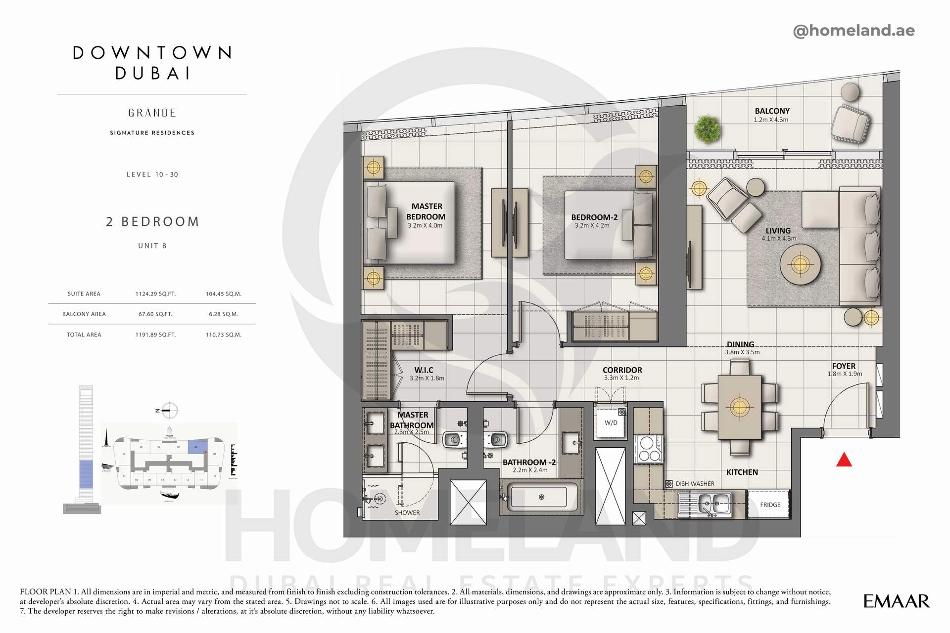 Grande, 2 BR, Unit 08, Level 10-30, 1191 SQFT