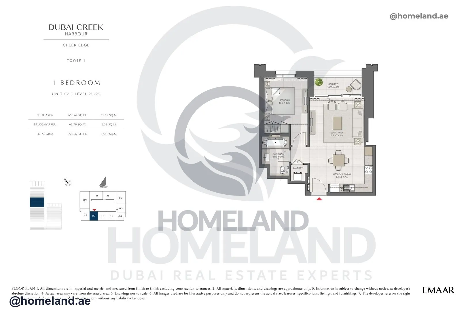 Creek Edge, Tower 1, 1 BR, Unit 07, Level 20-29, 727 SQFT