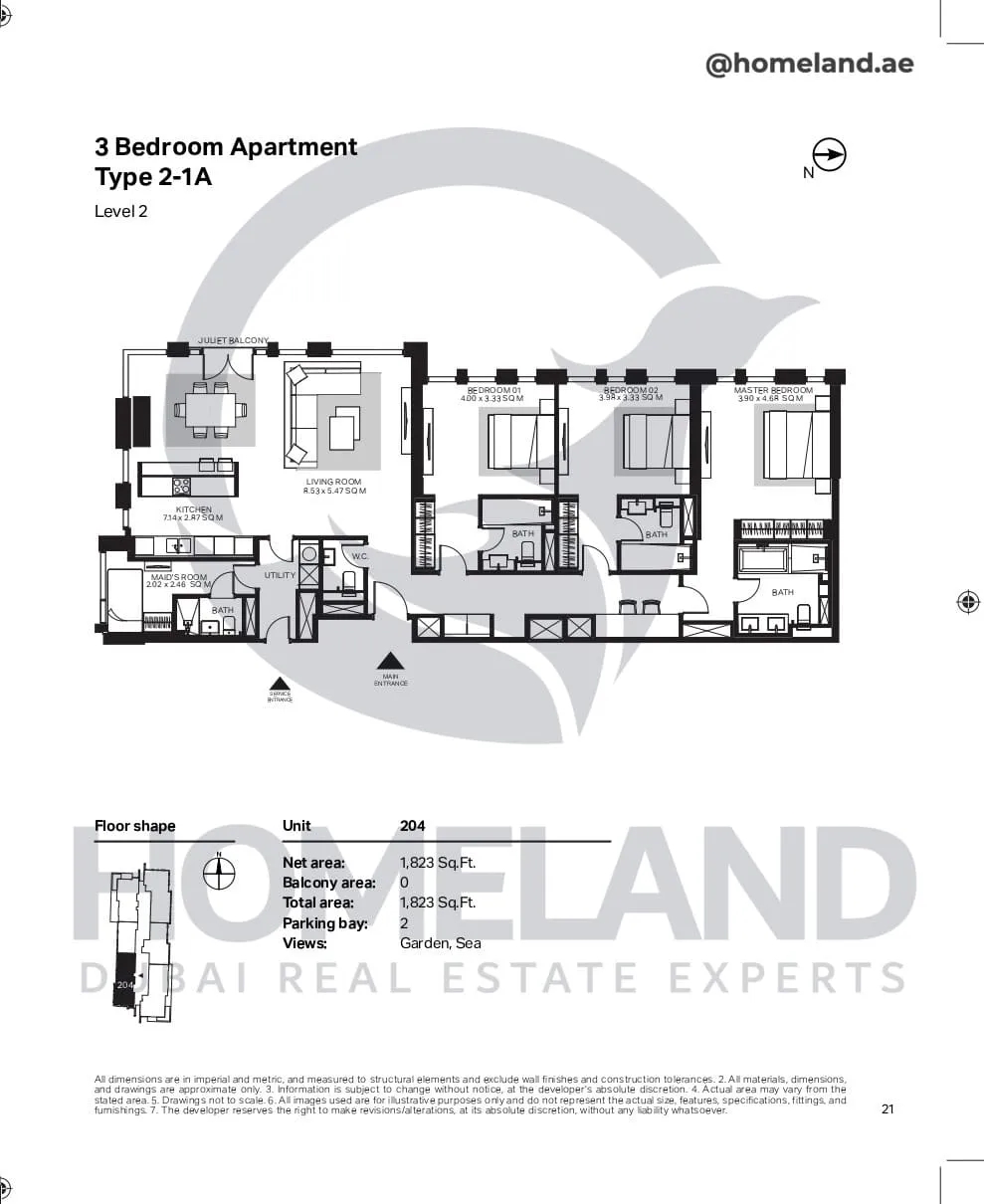 Bluewaters Residential Building Tower 6, 3 BR, Type 2-1A, Level 2, Unit 204, 1823 SQFT