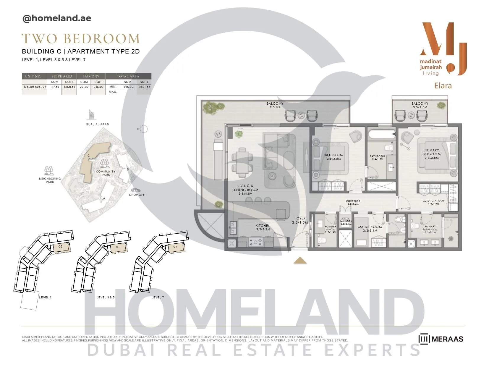 Elara, Building C, Type 2D, 2 BR, Unit 105-305-505-704, Level 1-3-5-7, 1581 SQFT