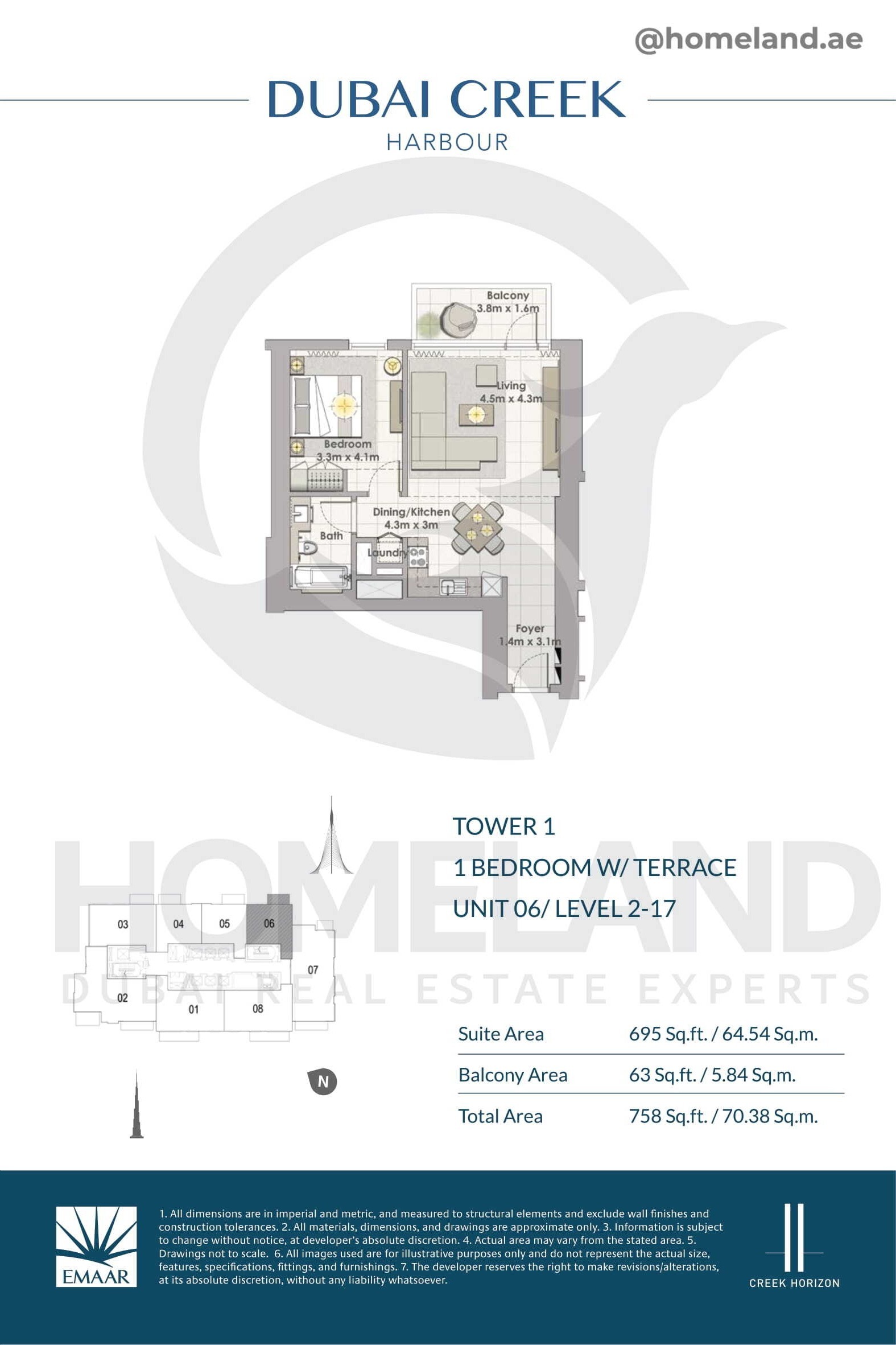 Creek Horizon, Tower 1, 1 BR Terrace, Unit 06, Level 2-17, 758 SQFT