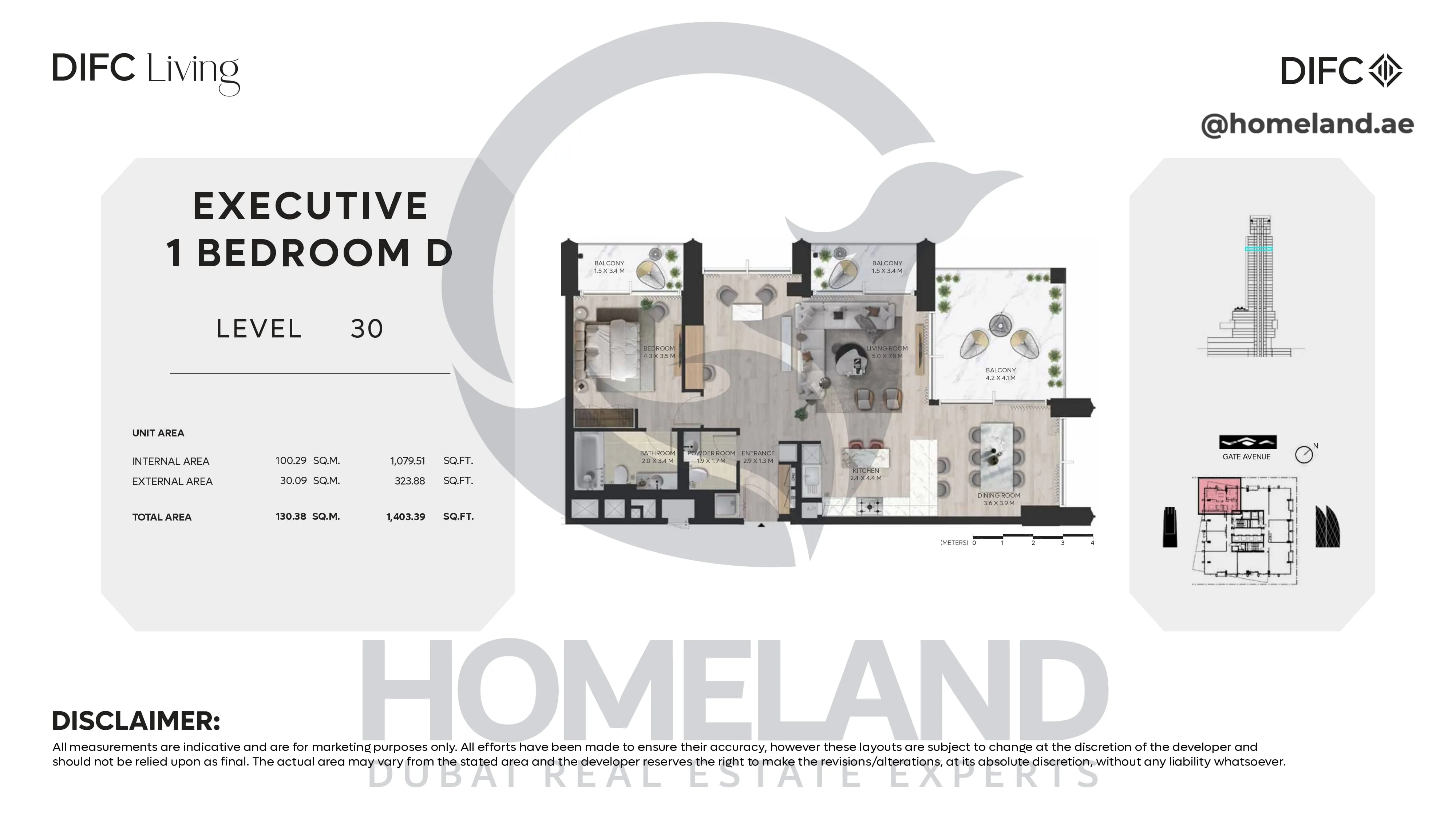 DIFC Living, Executive 1 BR D, Level 30, 1403 SQFT