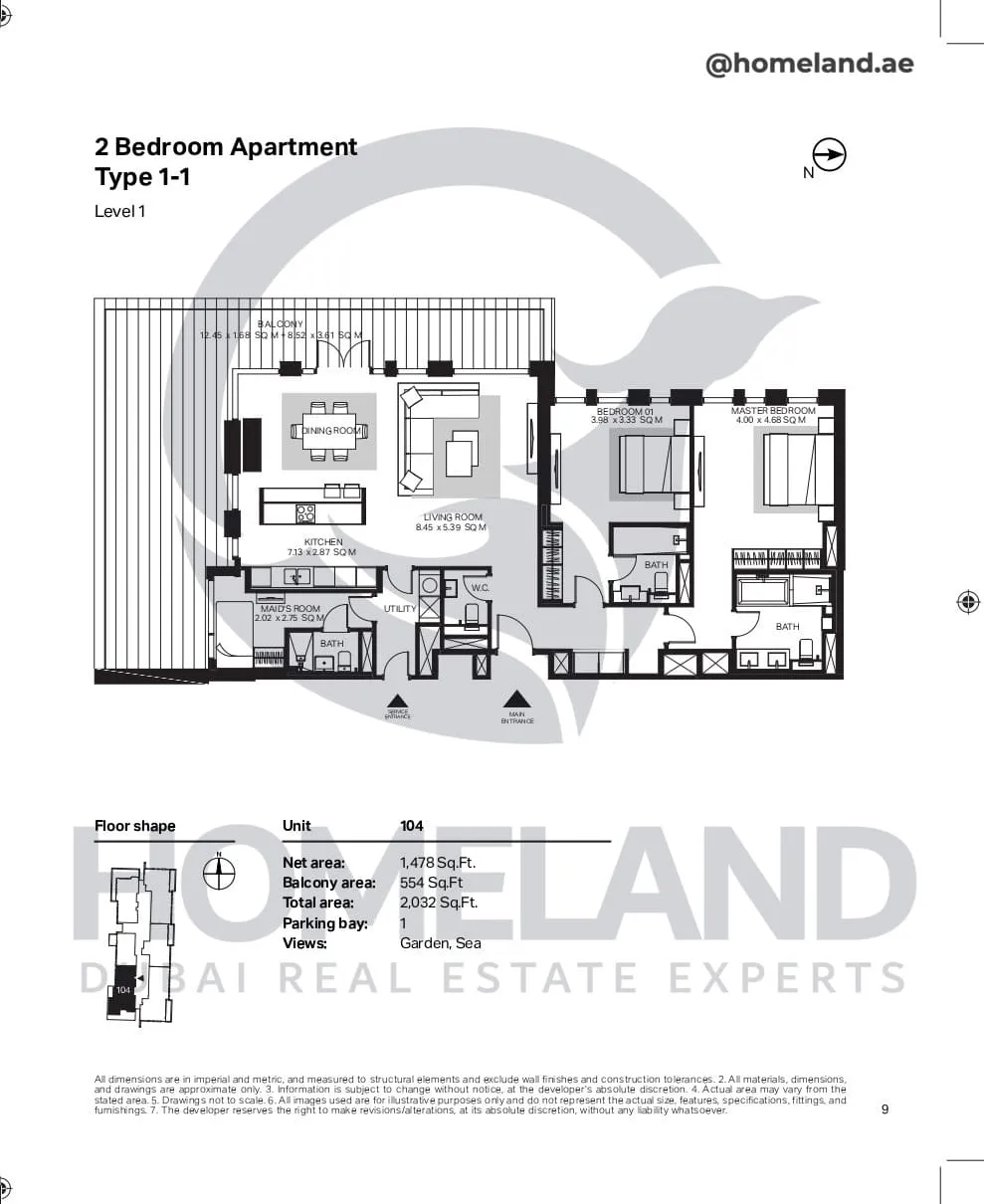 Bluewaters Residential Building Tower 6, 2 BR, Type 1-1, Level 1, Unit 104, 2032 SQFT
