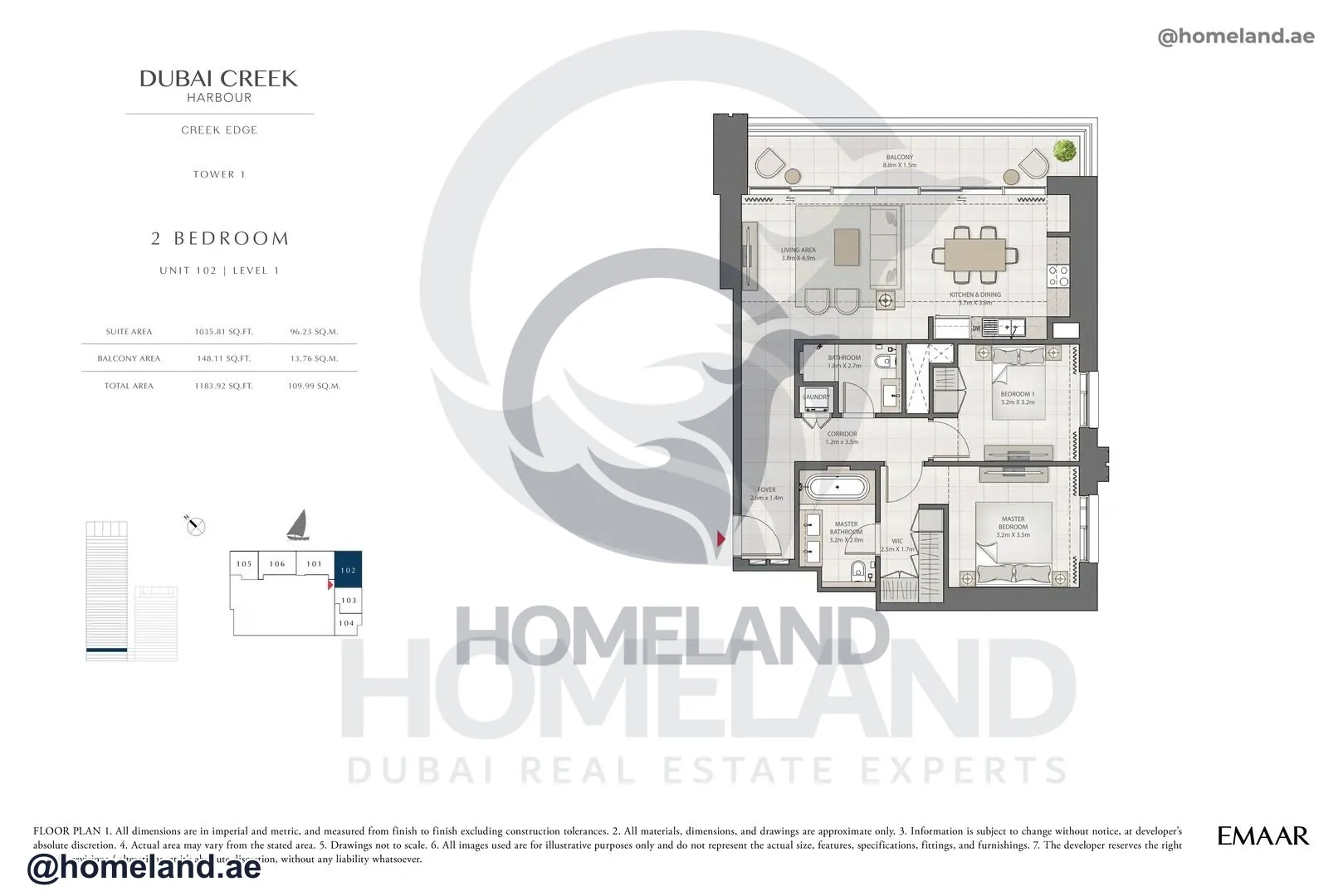 Creek Edge, Tower 1, 2 BR, Unit 102, Level 1, 1183 SQFT