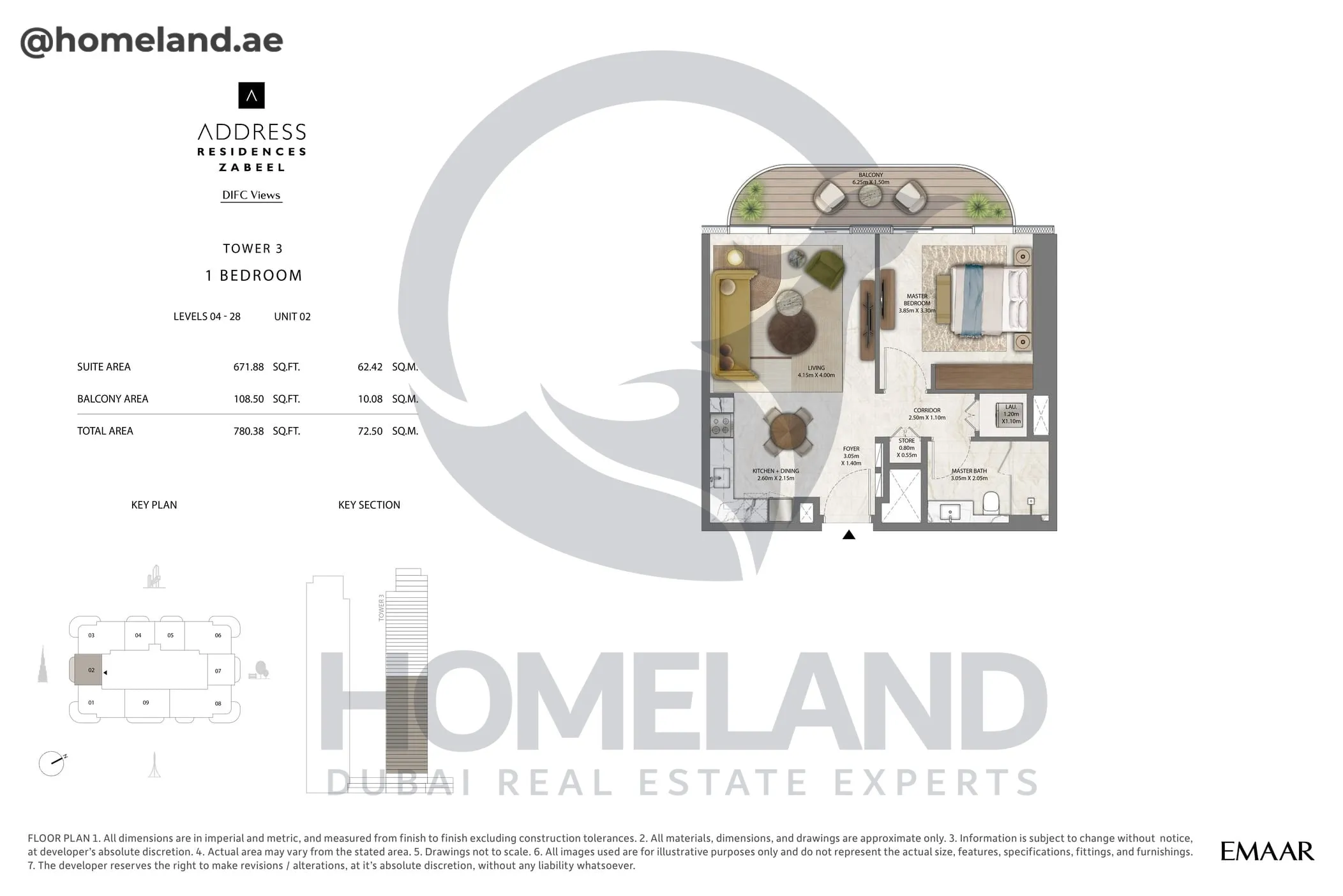 Address Residences Zabeel, Tower 3, 1BR, Level 4-28, Unit 02, 780 SQFT