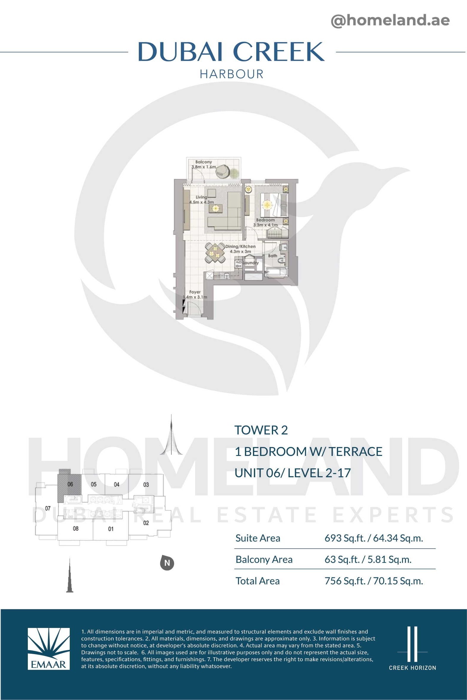 Creek Horizon, Tower 2, 1 BR Terrace, Unit 06, Level 2-17, 756 SQFT