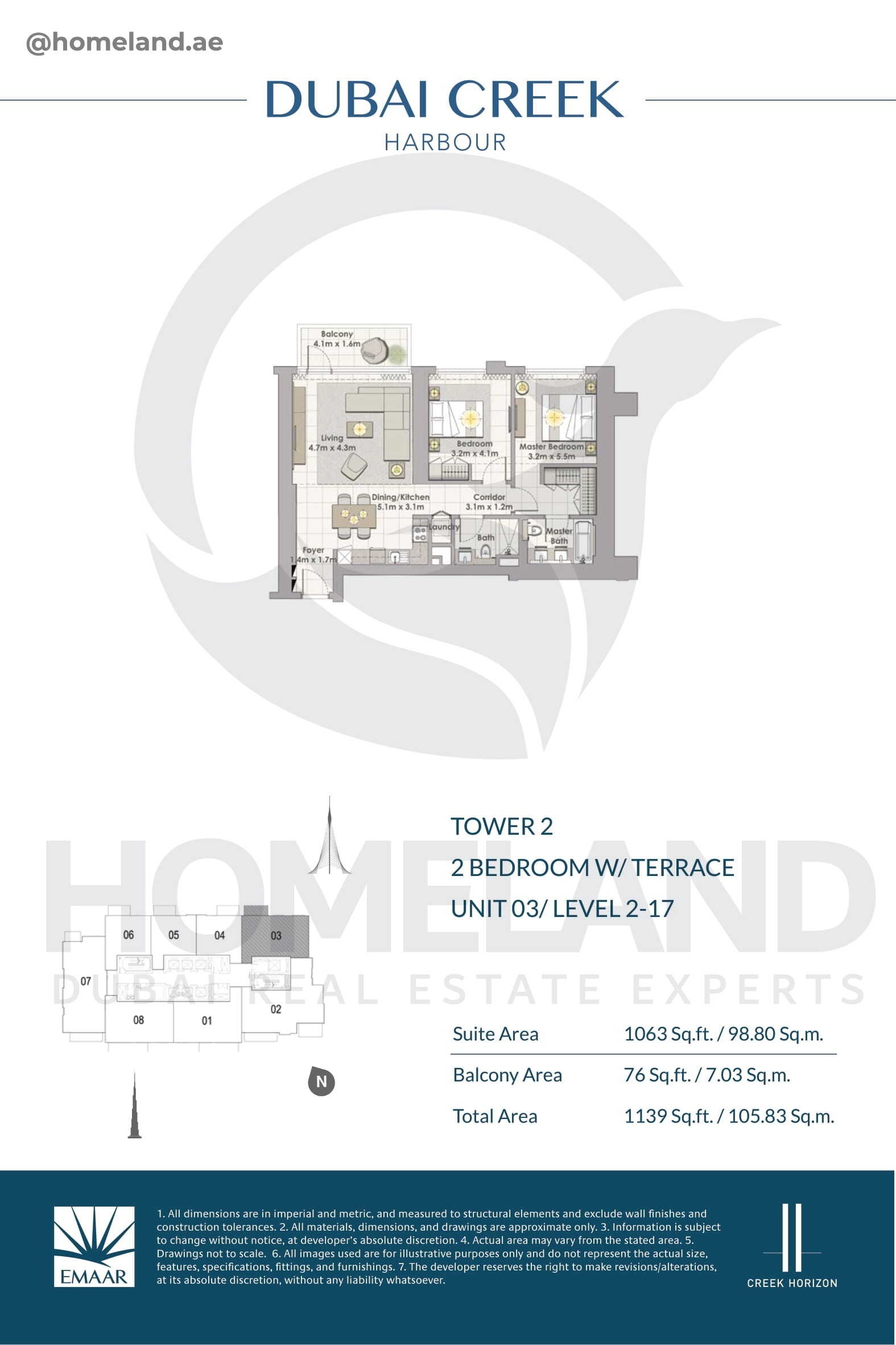 Creek Horizon, Tower 2, 2 BR Terrace, Unit 03, Level 2-17, 1139 SQFT