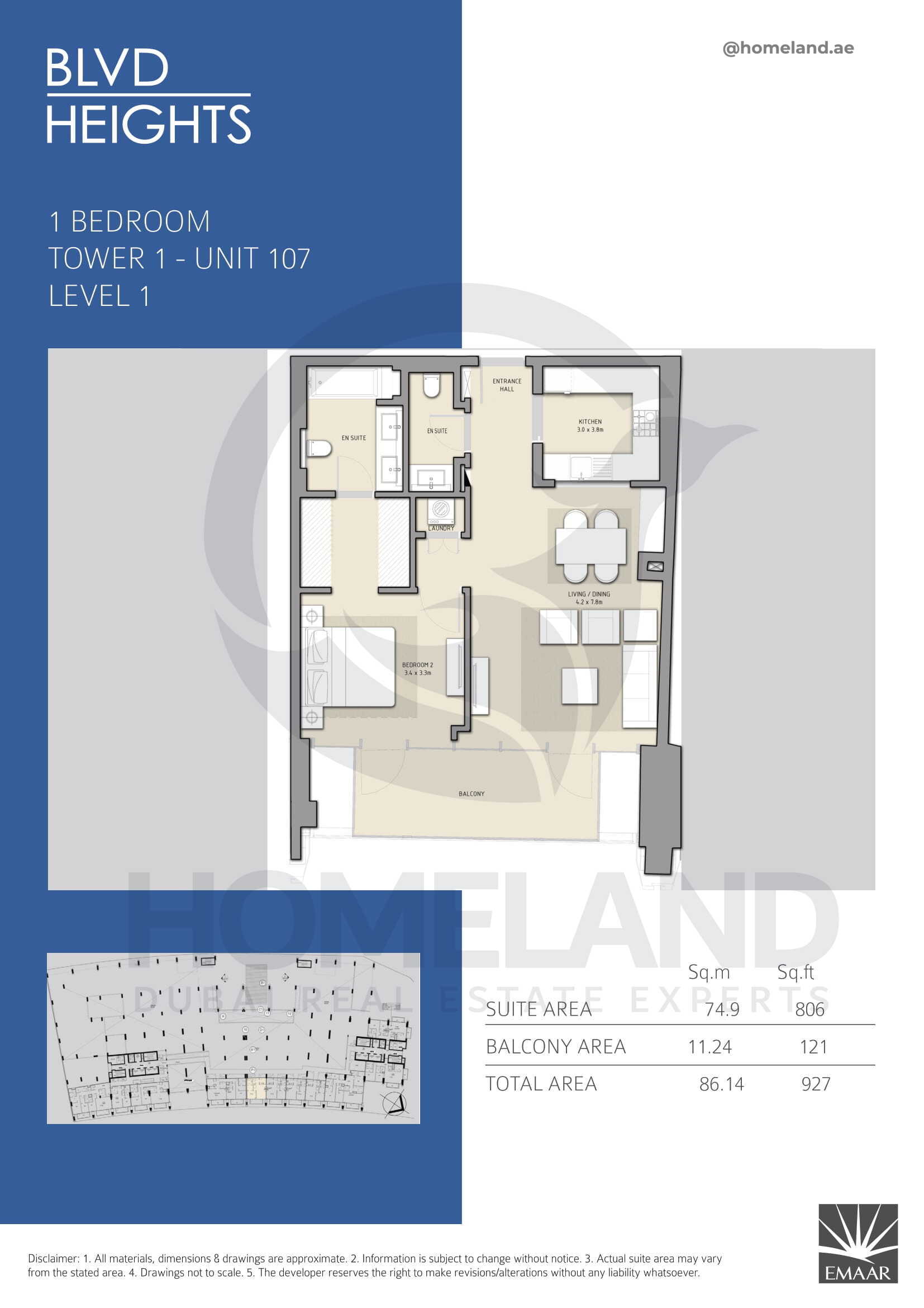 Blvd Heights T1, 1 BR, Unit 107, Level 1, 927 SQFT
