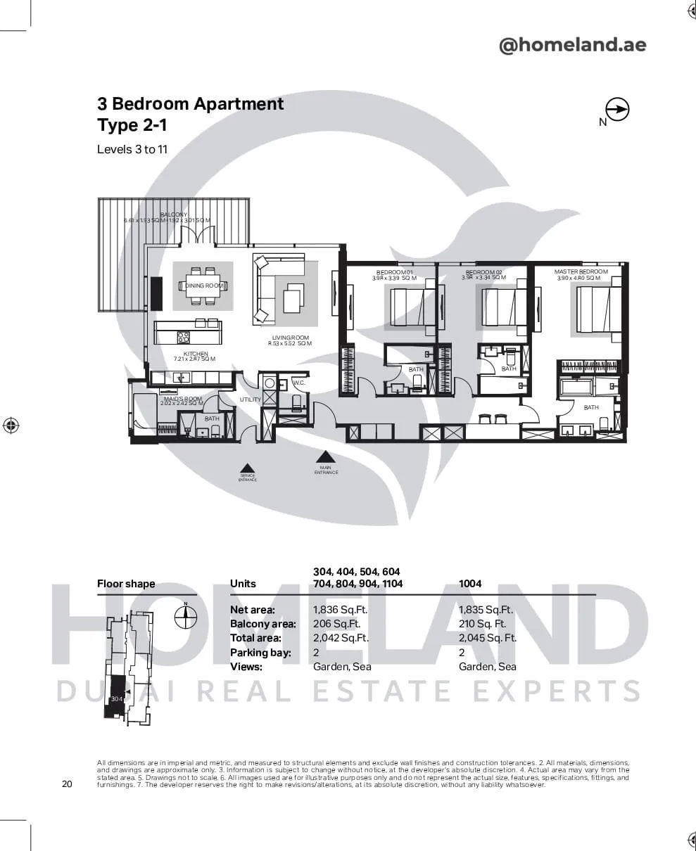 Bluewaters Residential Building Tower 6, 3 BR, Type 2-1, Level 3-11, Unit 304-404-504-604-704-804-904-1004-1104, 2045 SQFT