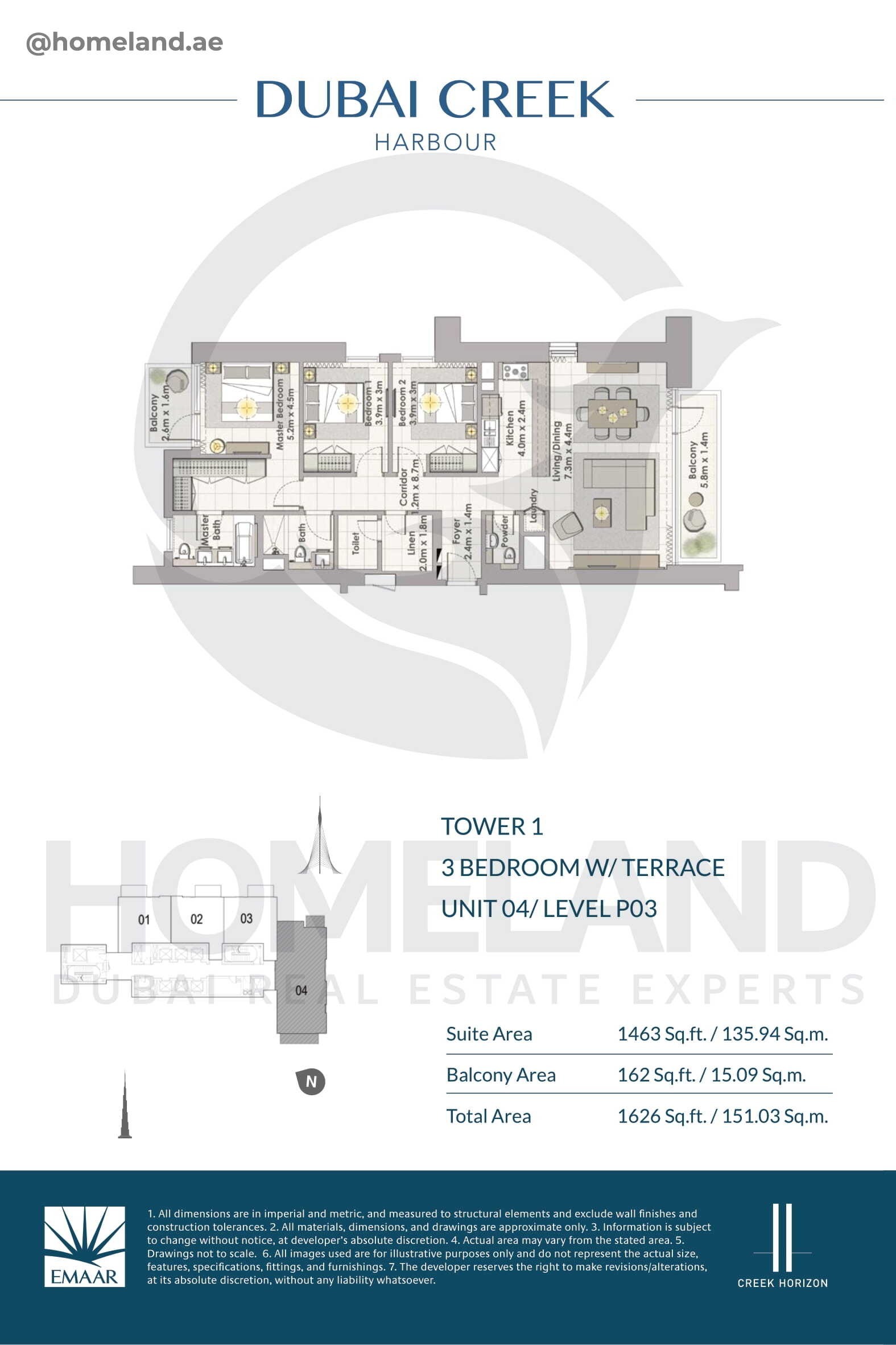 Creek Horizon, Tower 1, 3 BR Terrace, Unit 04, Level P03, 1626 SQFT