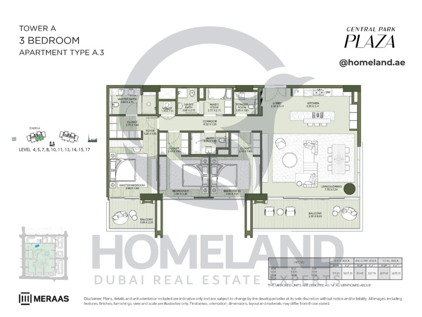 Central Park Plaza, Tower A, 3 BR, Type A.3, Level 4-5-7-8-10-11-13-14-15-17, 2235 SQFT
