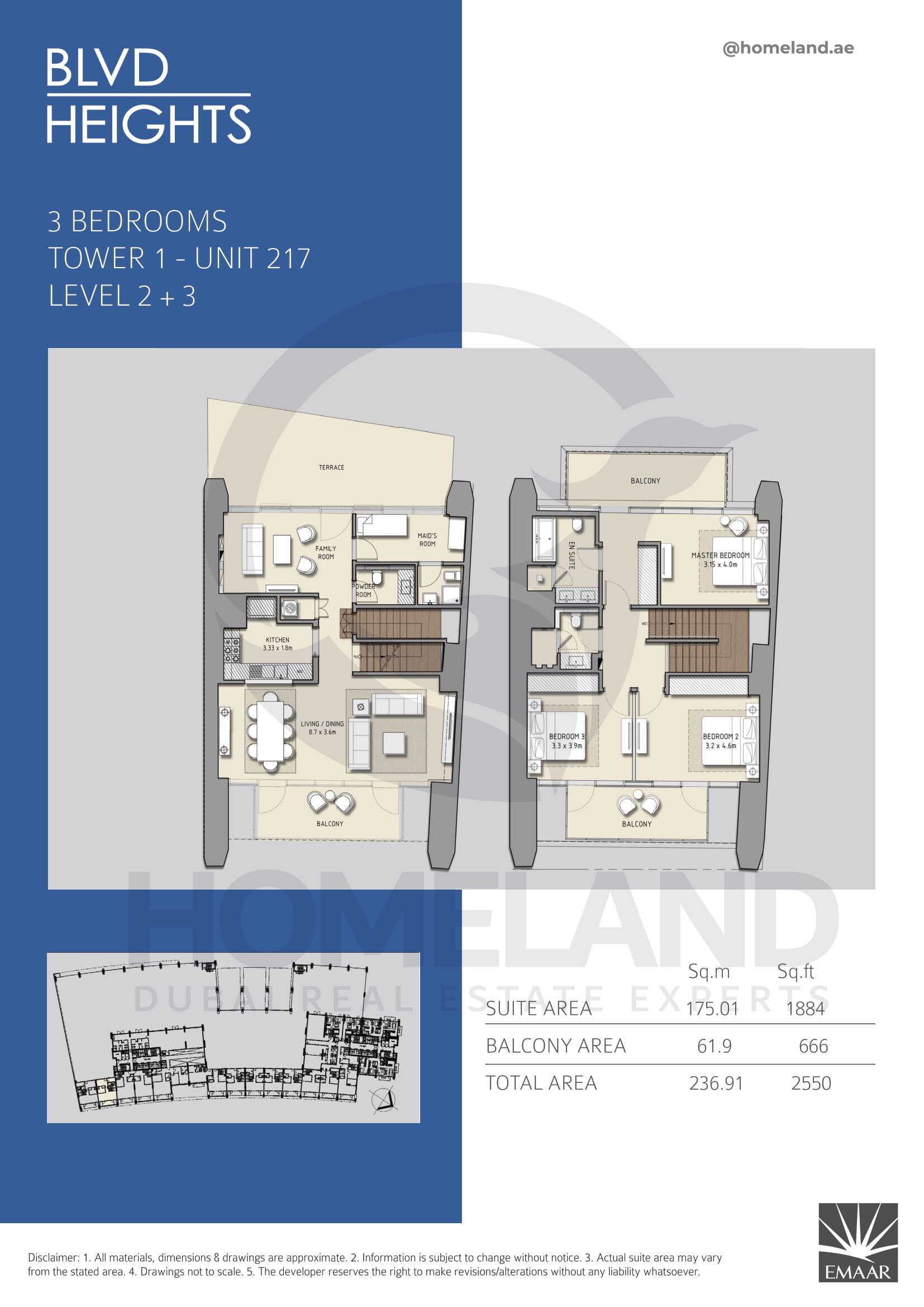 Blvd Heights T1, 3 BR, Unit 217, Level 2+3, 2550 SQFT