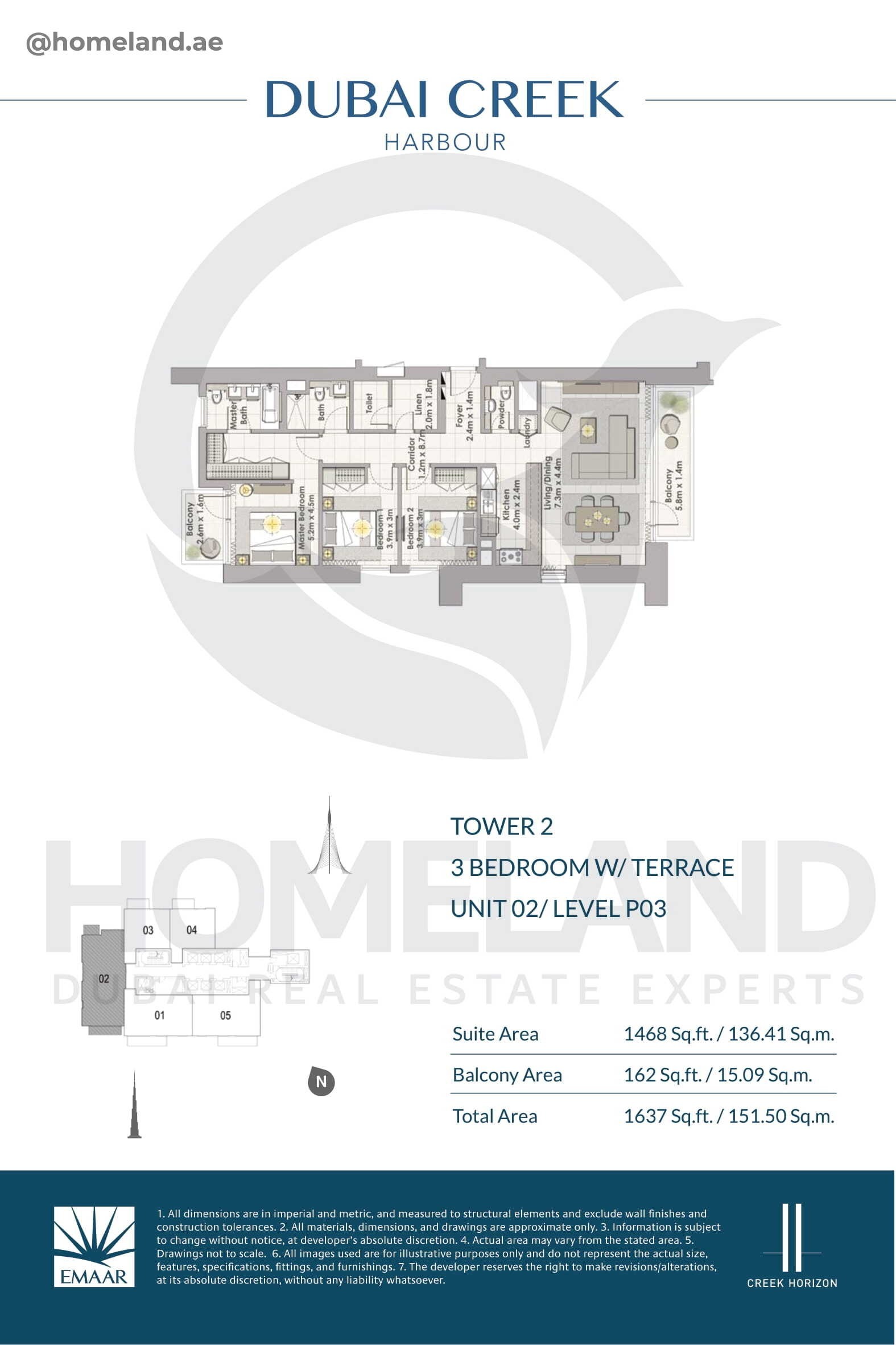 Creek Horizon, Tower 2, 3 BR Terrace, Unit 02, Level P03, 1637 SQFT