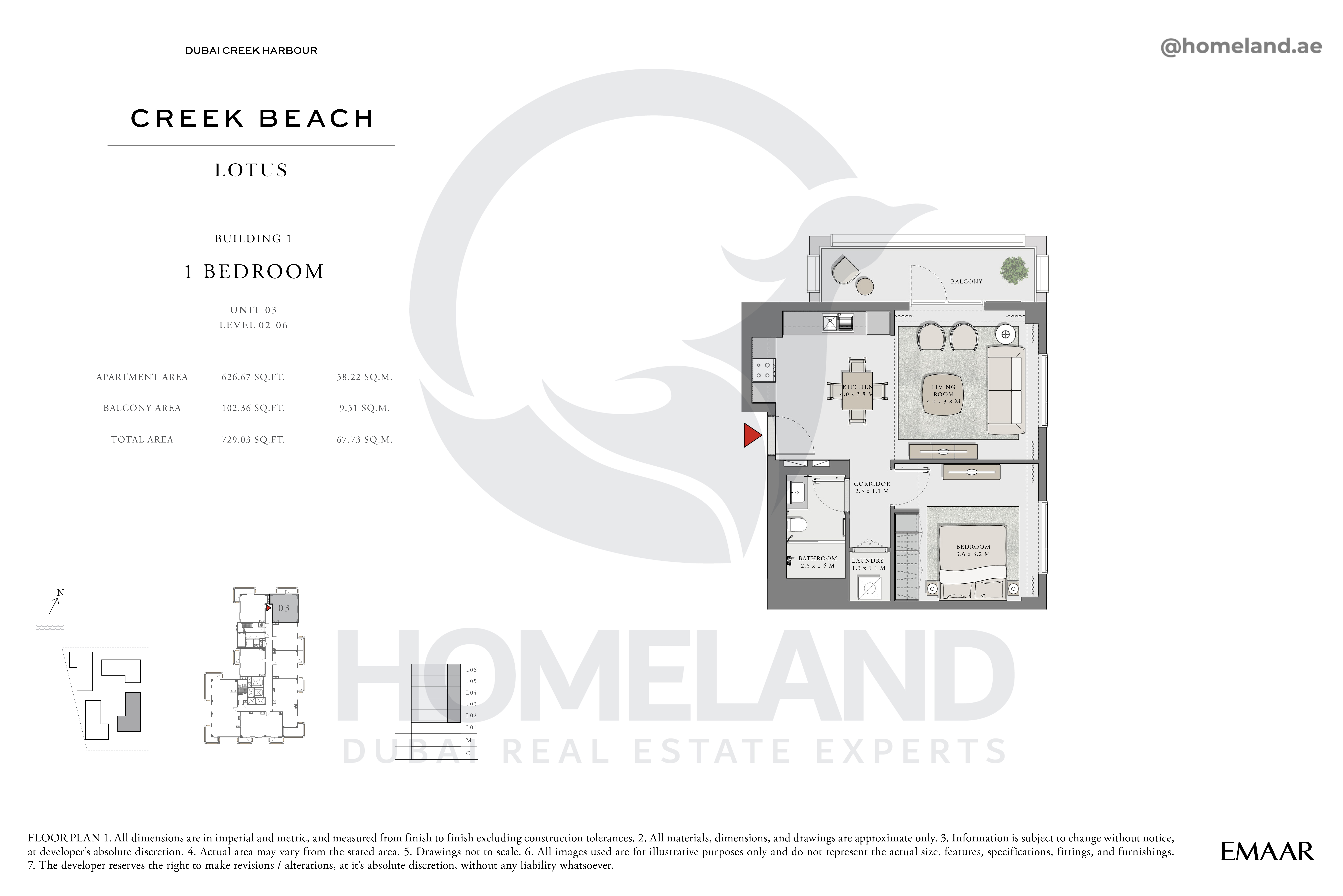 Lotus, 1 BR, Unit 03, Level 2-6, 729 SQFT