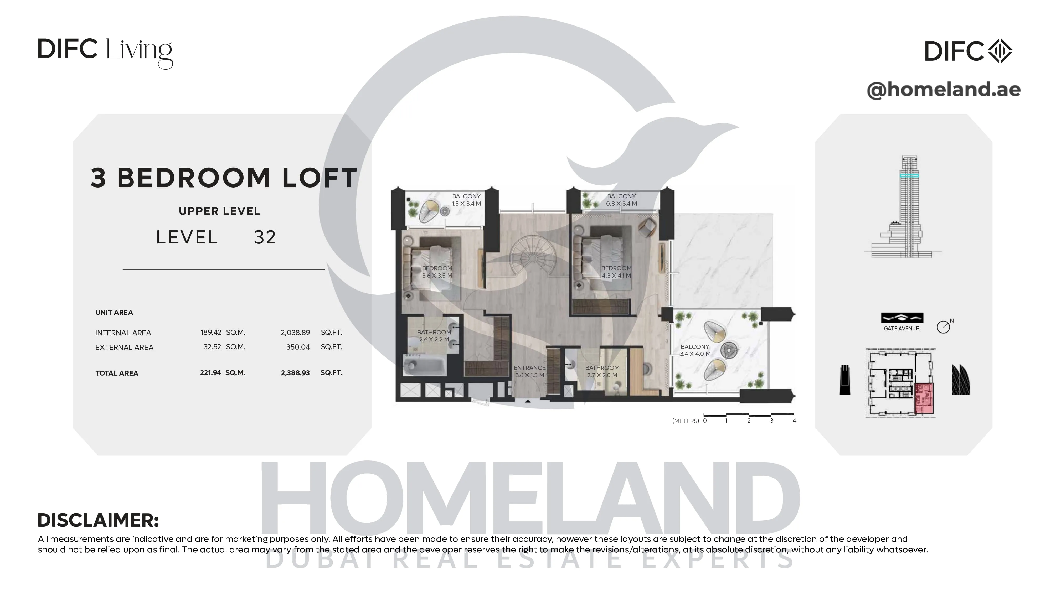 DIFC Living, 3 BR Loft, Upper Level, Level 32, 2388 SQFT