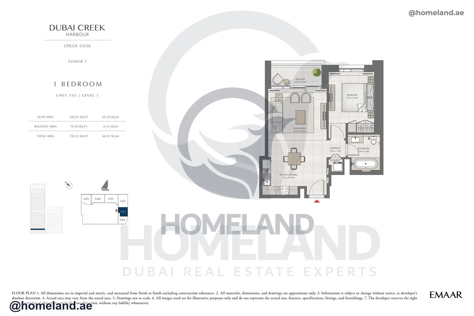 Creek Edge, Tower 1, 1 BR, Unit 103, Level 1, 720 SQFT