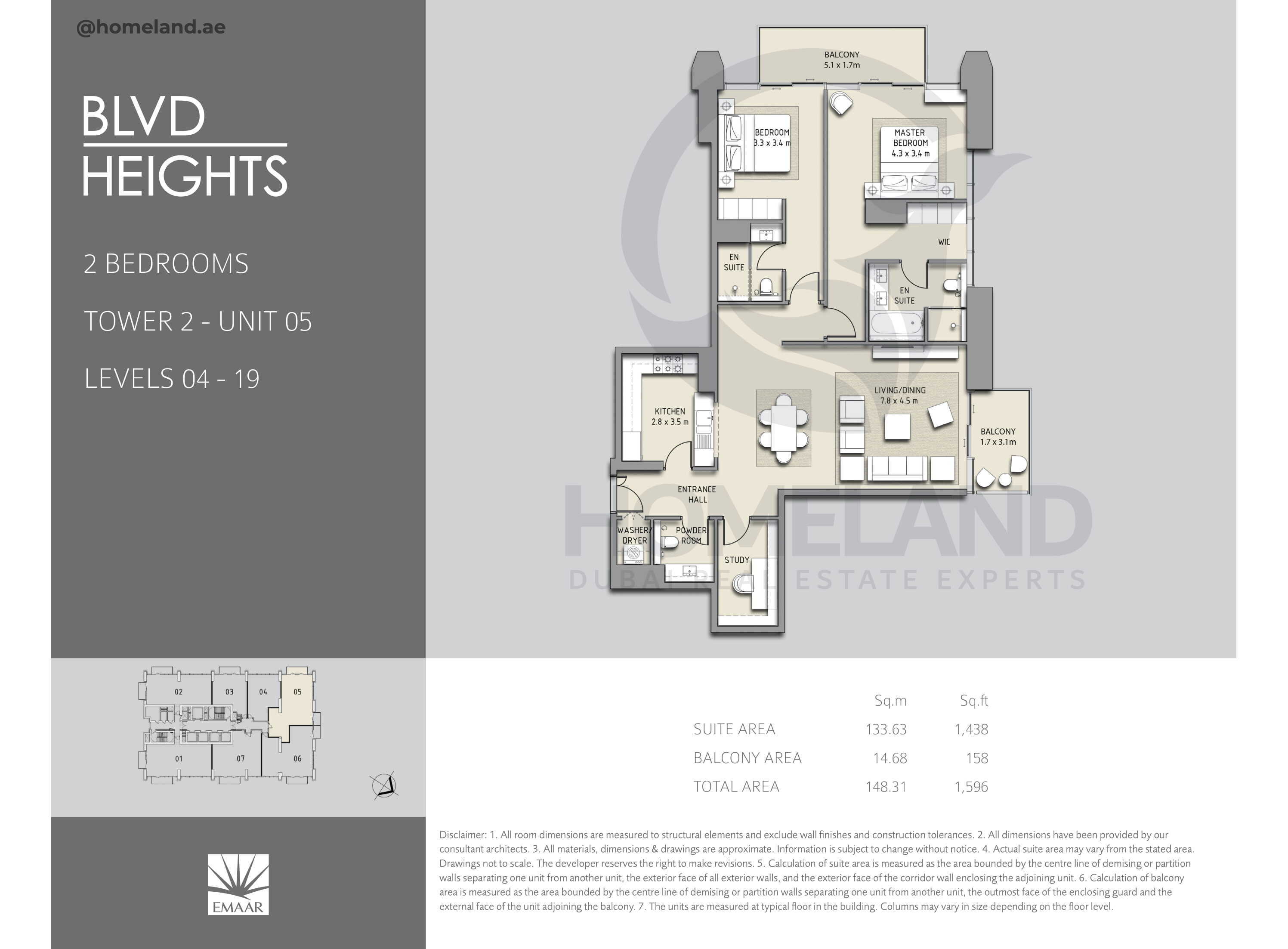 Blvd Heights T2, 2 BR, Unit 05, Level 4-19, 1596 SQFT