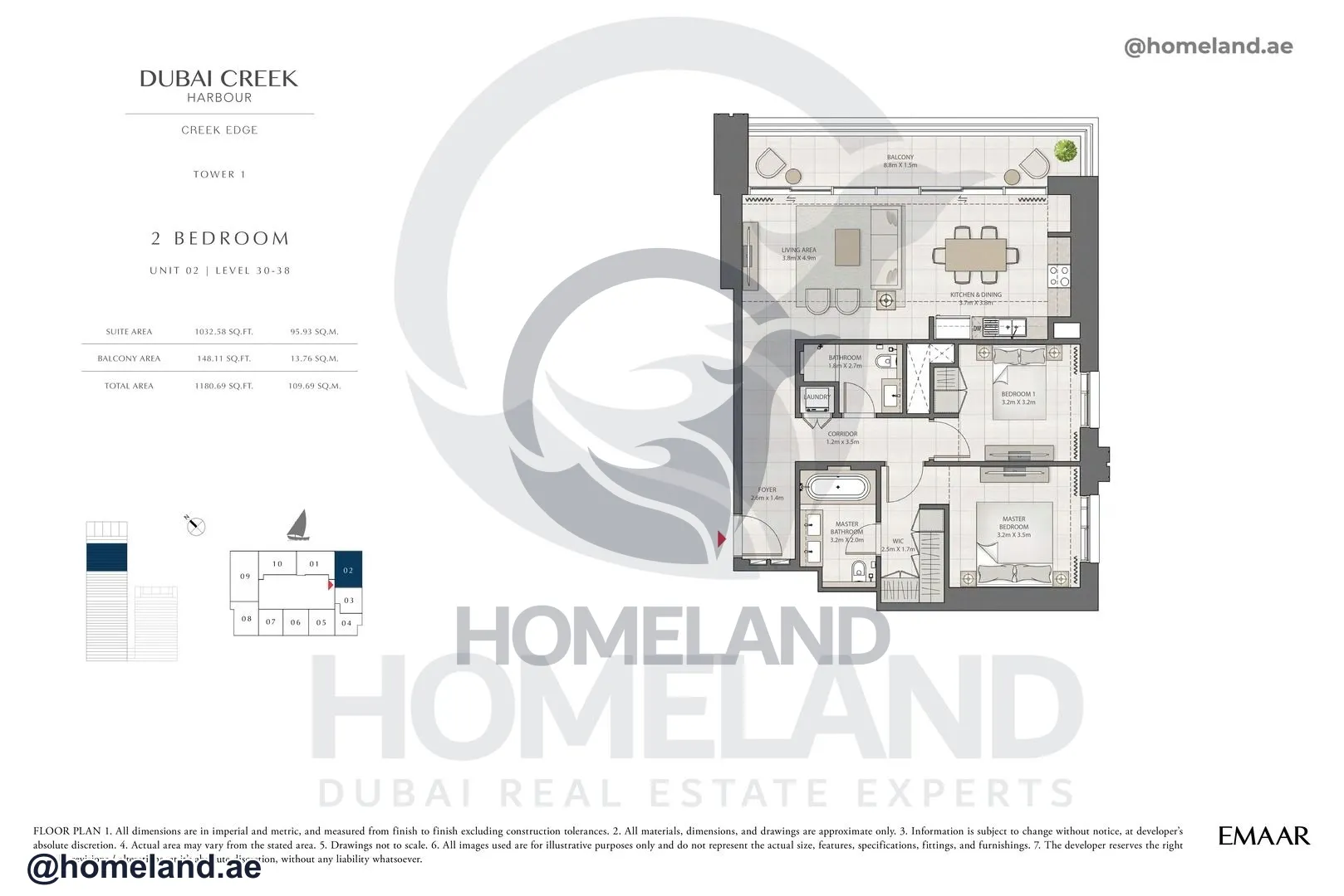 Creek Edge, Tower 1, 2 BR, Unit 02, Level 30-38, 1180 SQFT
