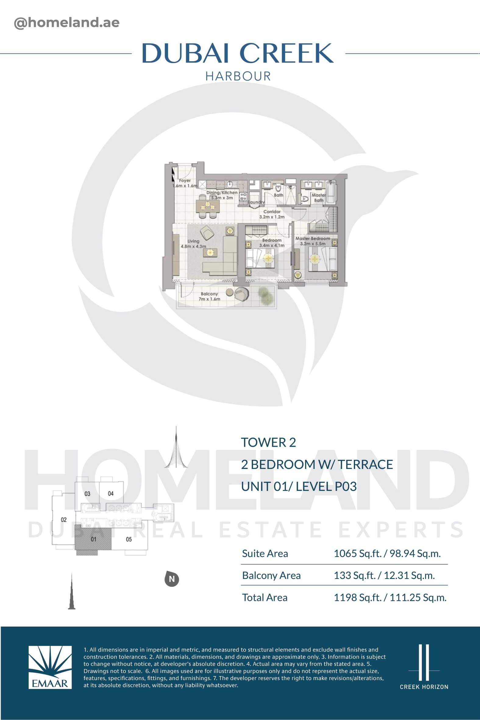 Creek Horizon, Tower 2, 2 BR Terrace, Unit 01, Level P03, 1198 SQFT
