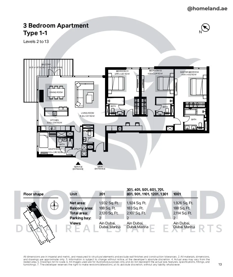 Bluewaters Residential Building Tower 7, 3 BR, Type 1-1, Level 2-13, Unit 201-301-401-501-601-801-901-1101-1201-1301, 2120 SQFT