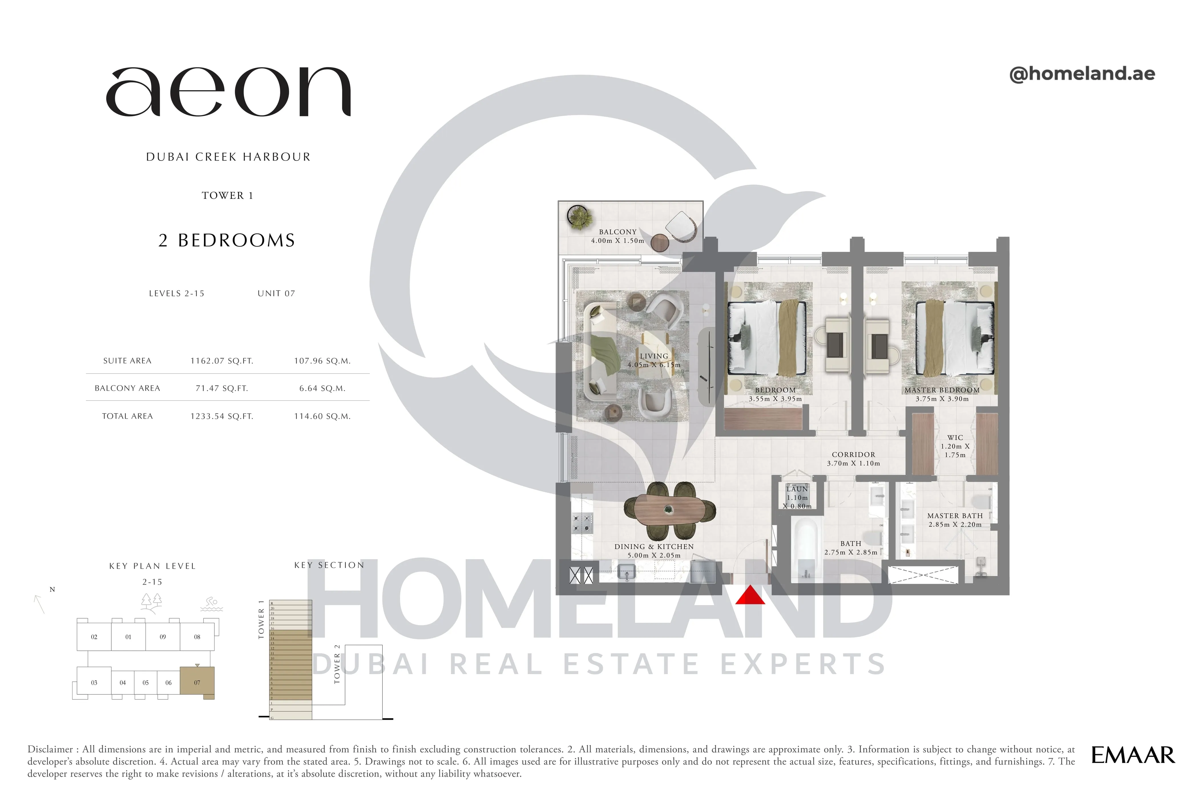 Aeon, Tower 1, 2 BR, Level 2-15, Unit 07, 1233 SQFT