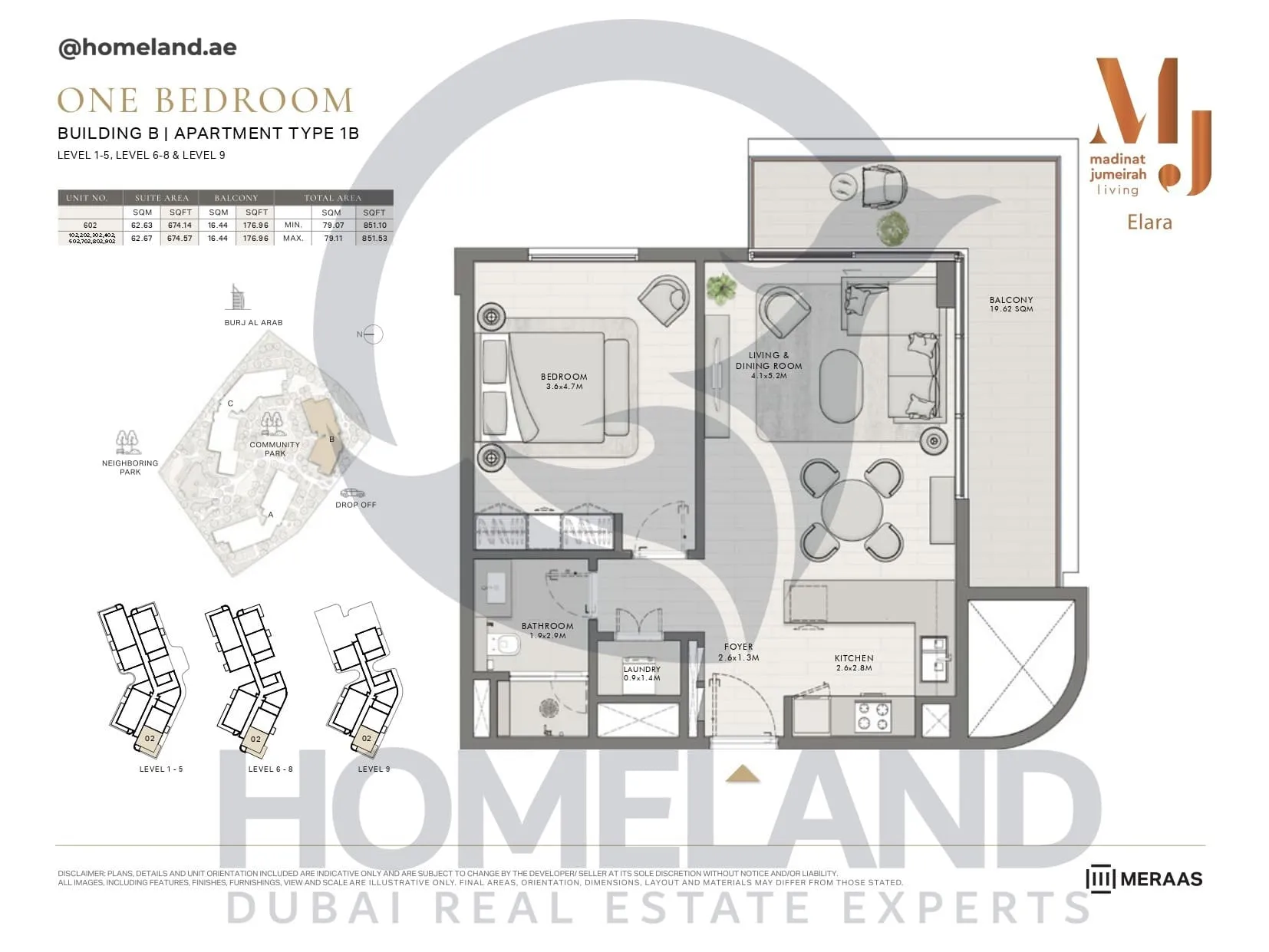 Elara, Building B, Type 1B, 1 BR, Unit 102-202-302-402-502-602-702-802-902, Level 1-5-6-8-9, 851 SQFT