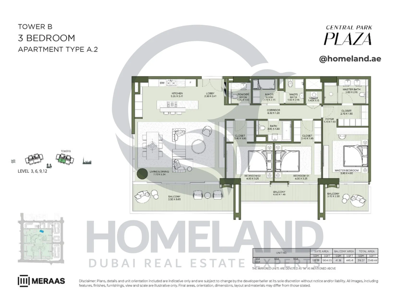 Central Park Plaza, Tower B, 3 BR, Type A.2, Level 3-6-9-12, 2349 SQFT