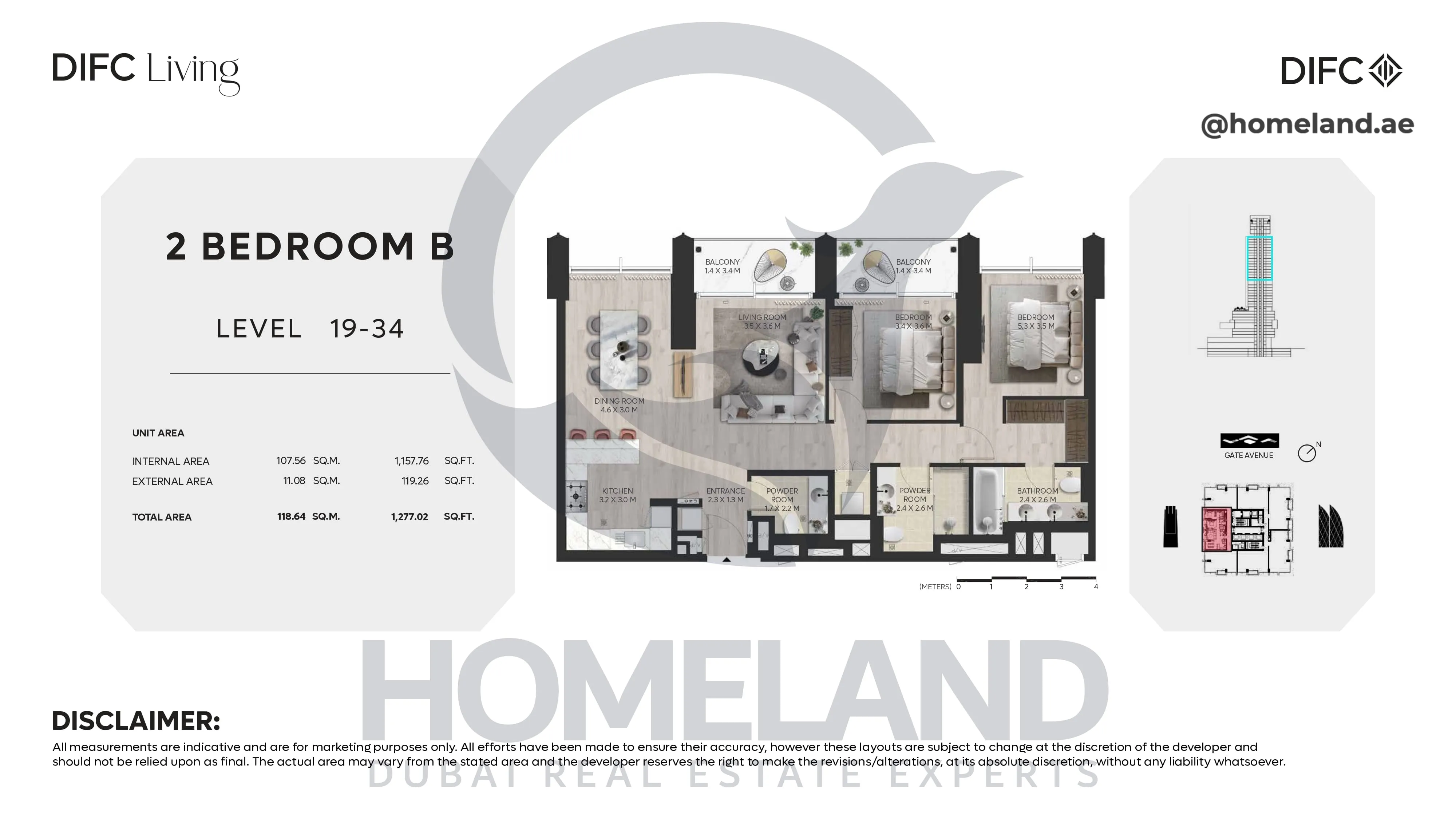 DIFC Living, 2 BR B, Level 19-34, 1277 SQFT
