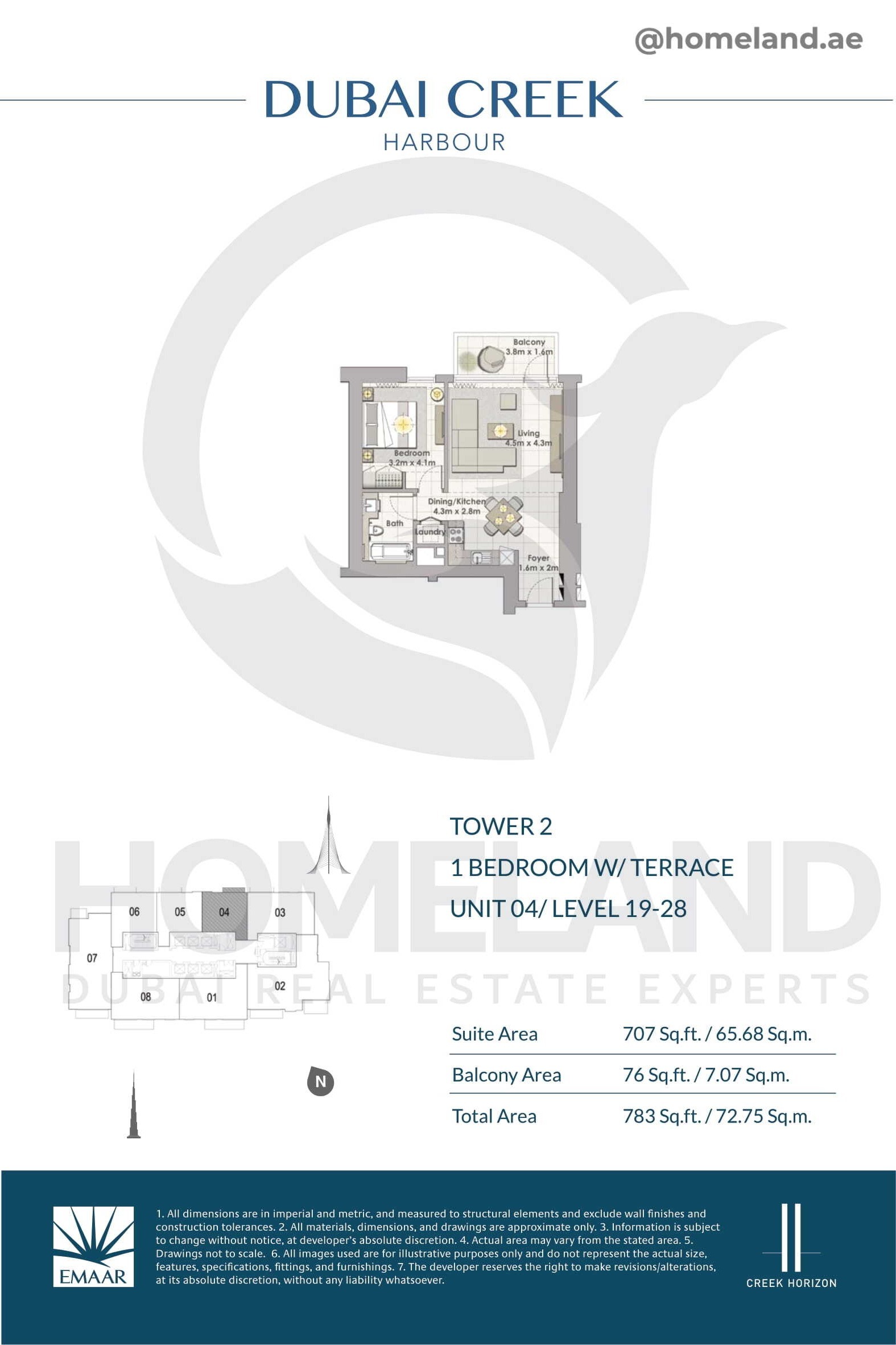 Creek Horizon, Tower 2, 1 BR Terrace, Unit 04, Level 19-28, 783 SQFT