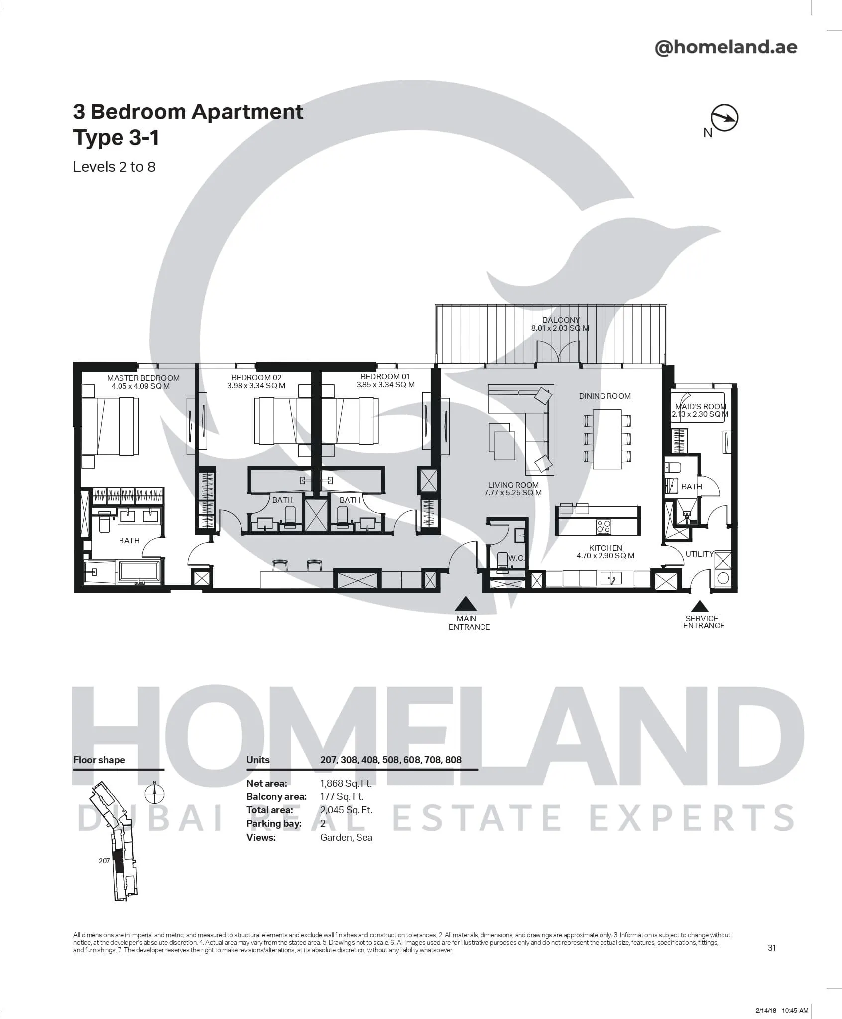 Bluewaters Residential Building Tower 3, 3 BR, Type 3-1, Level 2-8, Unit 207-308-408-508-608-708-808, 2045 SQFT