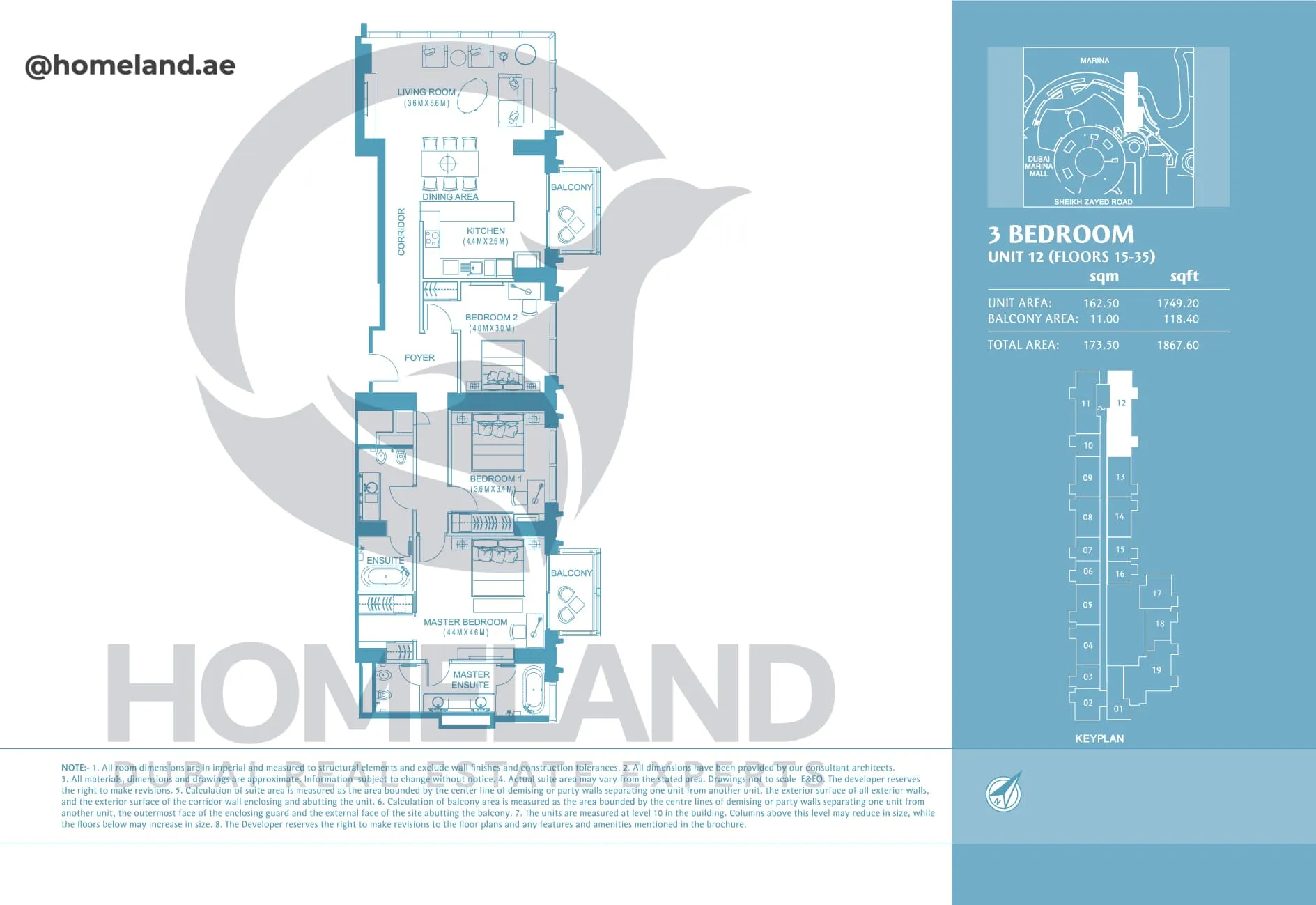 Address Marina Mall Hotel, 3 BR, Unit 12, Floor 15-35, 1867 SQFT