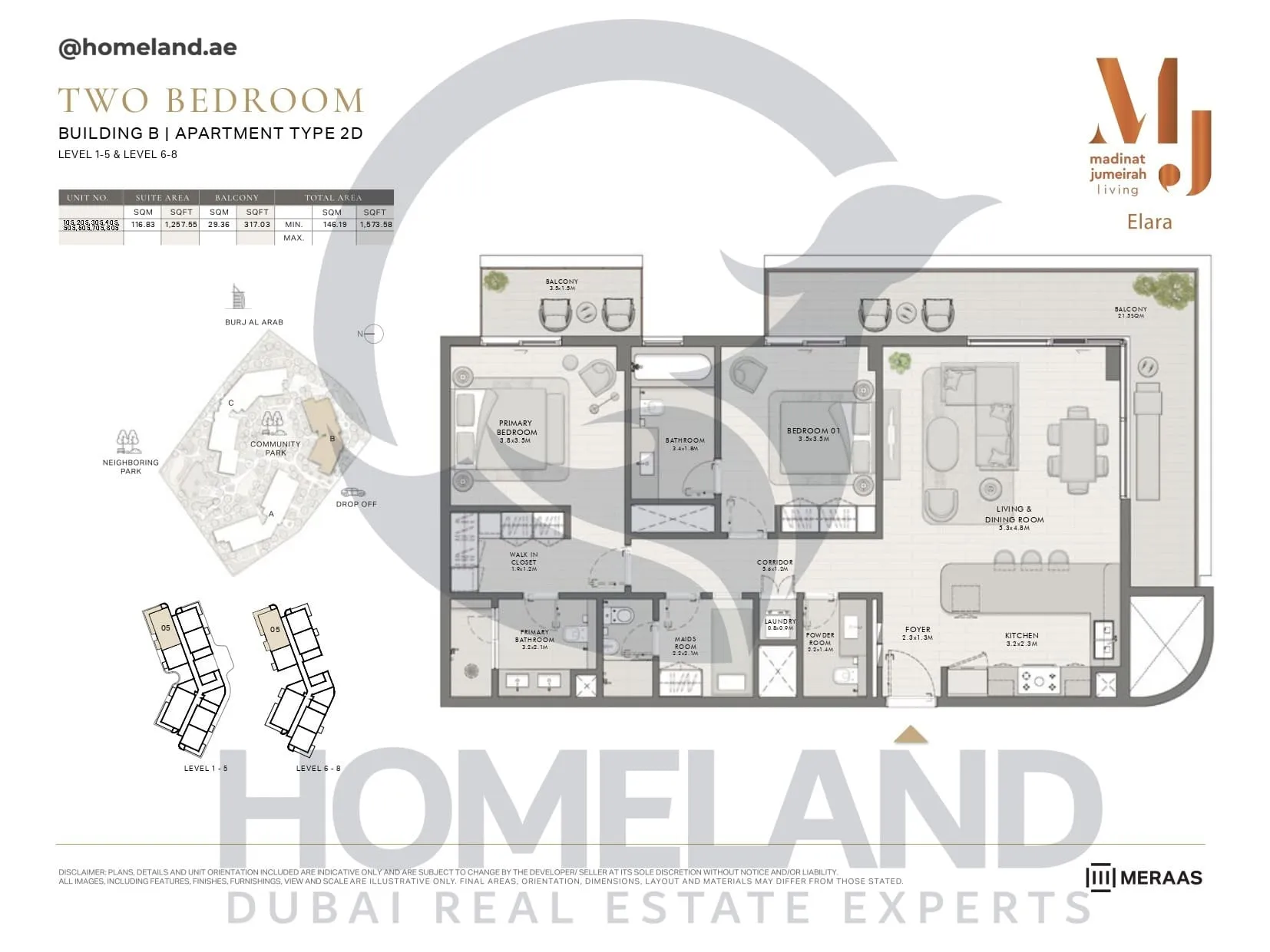 Elara, Building B, Type 2D, 2 BR, Unit 105-205-305-405-505-605-705-805, Level 1-5-6-8, 1573 SQFT