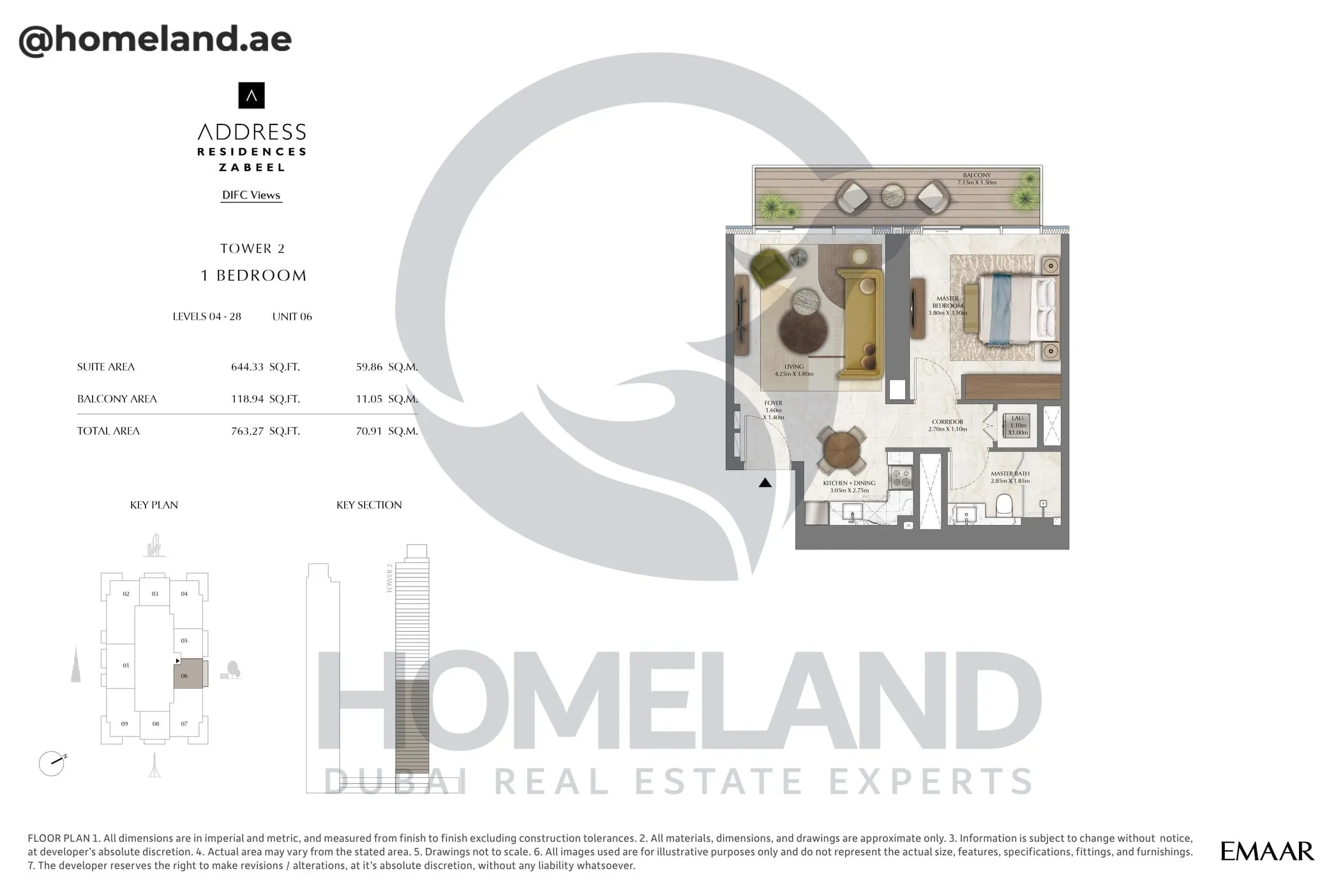 Address Residences Zabeel, Tower 2, 1BR, Level 4-28, Unit 06, 763 SQFT