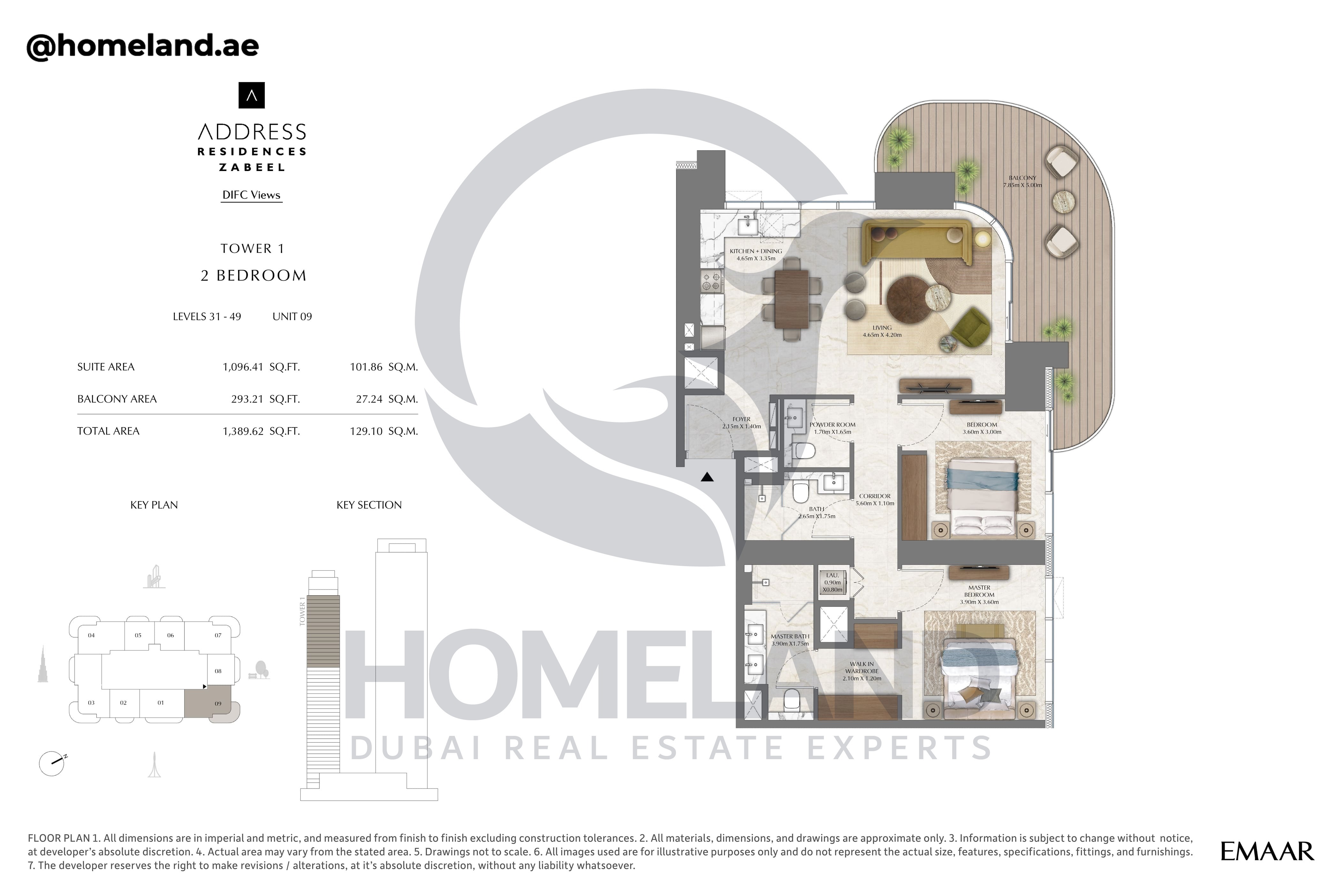 Address Residences Zabeel, Tower 1, 2BR, Level 31-49, Unit 09, 1389 SQFT
