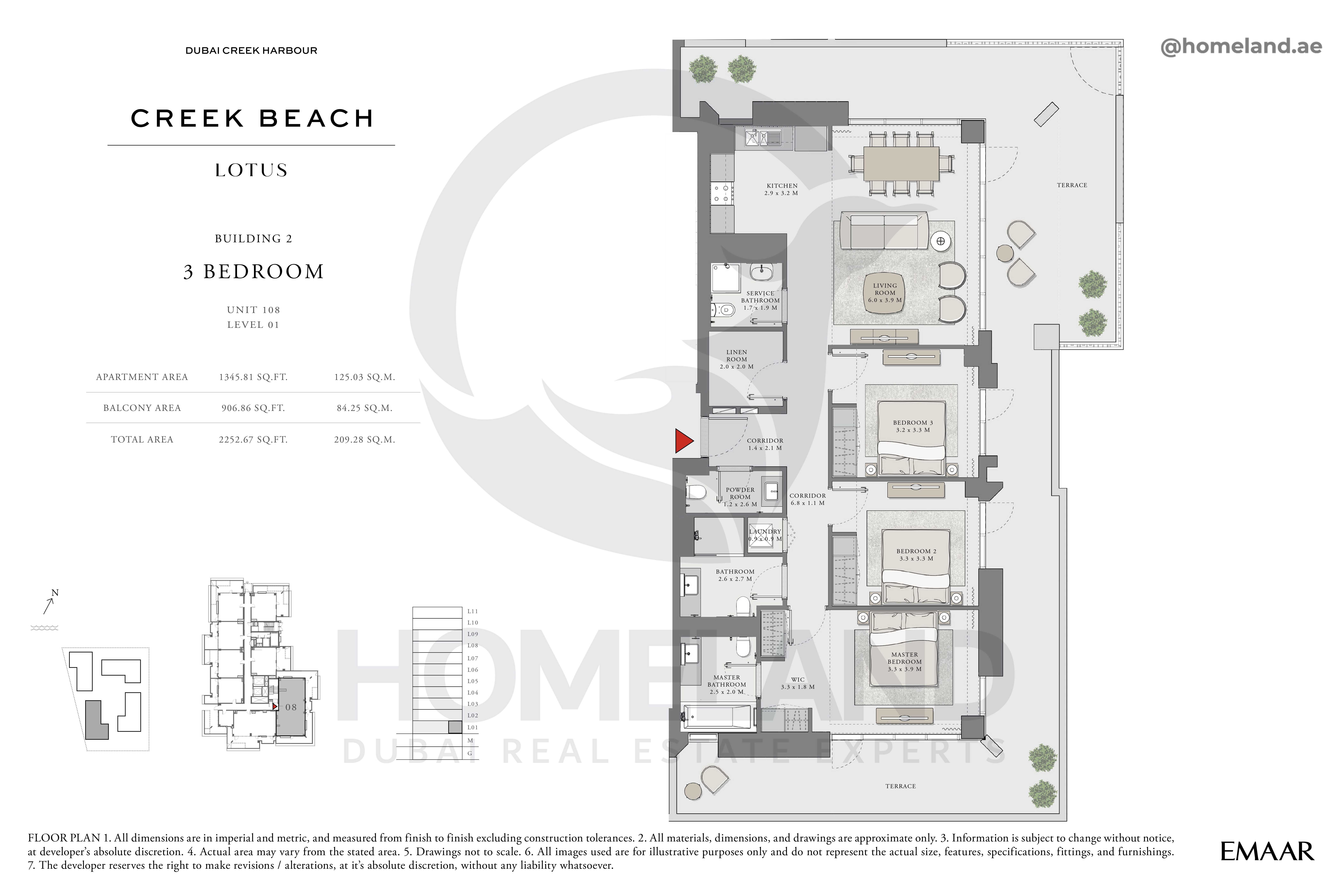 Lotus, 3 BR, Unit 108, Level 1, 2252 SQFT