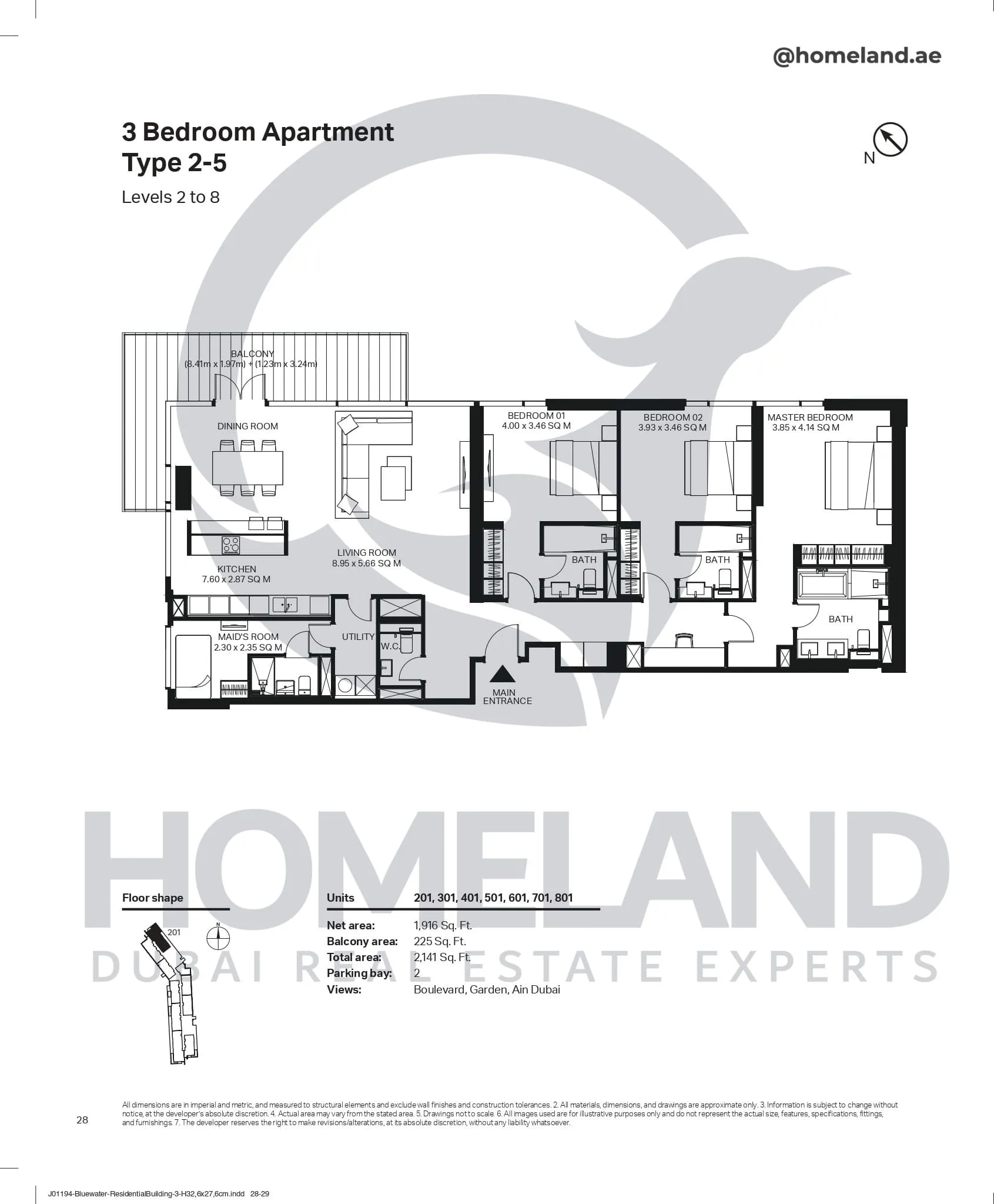 Bluewaters Residential Building Tower 3, 3 BR, Type 2-5, Level 2-8, Unit 201-301-401-501-601-701-801, 2141 SQFT