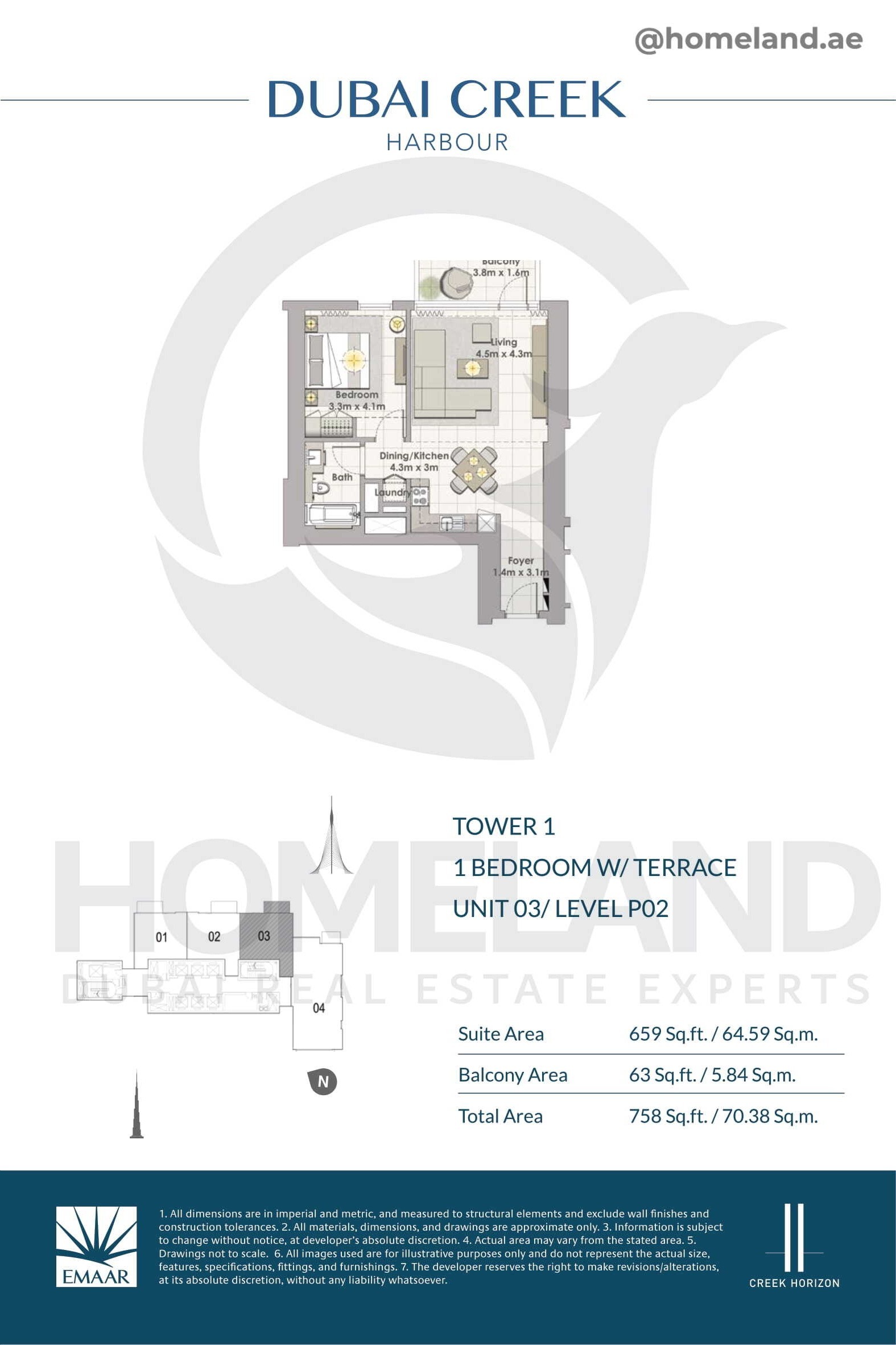 Creek Horizon, Tower 1, 1 BR Terrace, Unit 03, Level P02, 758 SQFT