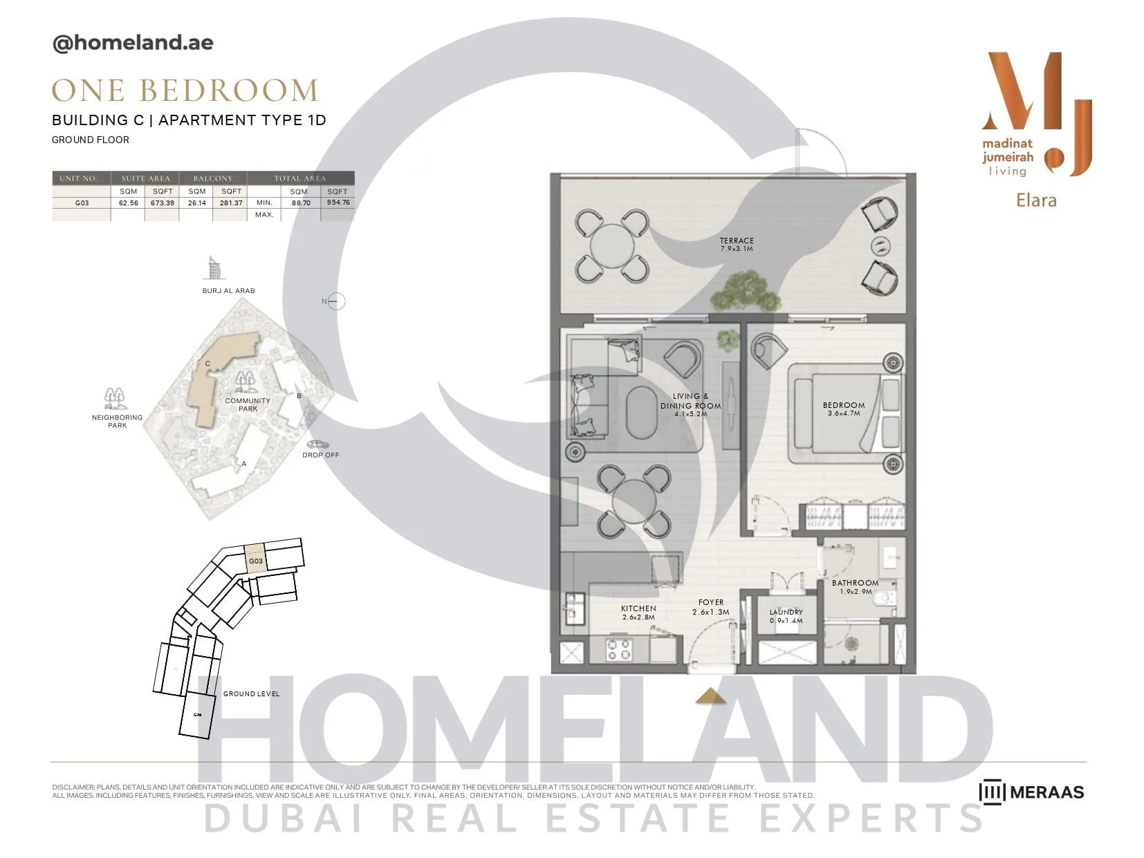 Elara, Building C, Type 1D, 1 BR, Unit G03, Ground Floor, 954 SQFT