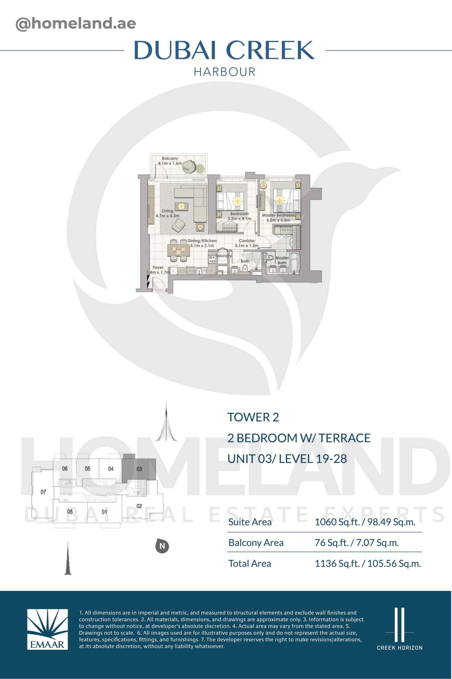 Creek Horizon, Tower 2, 2 BR Terrace, Unit 03, Level 19-28, 1136 SQFT