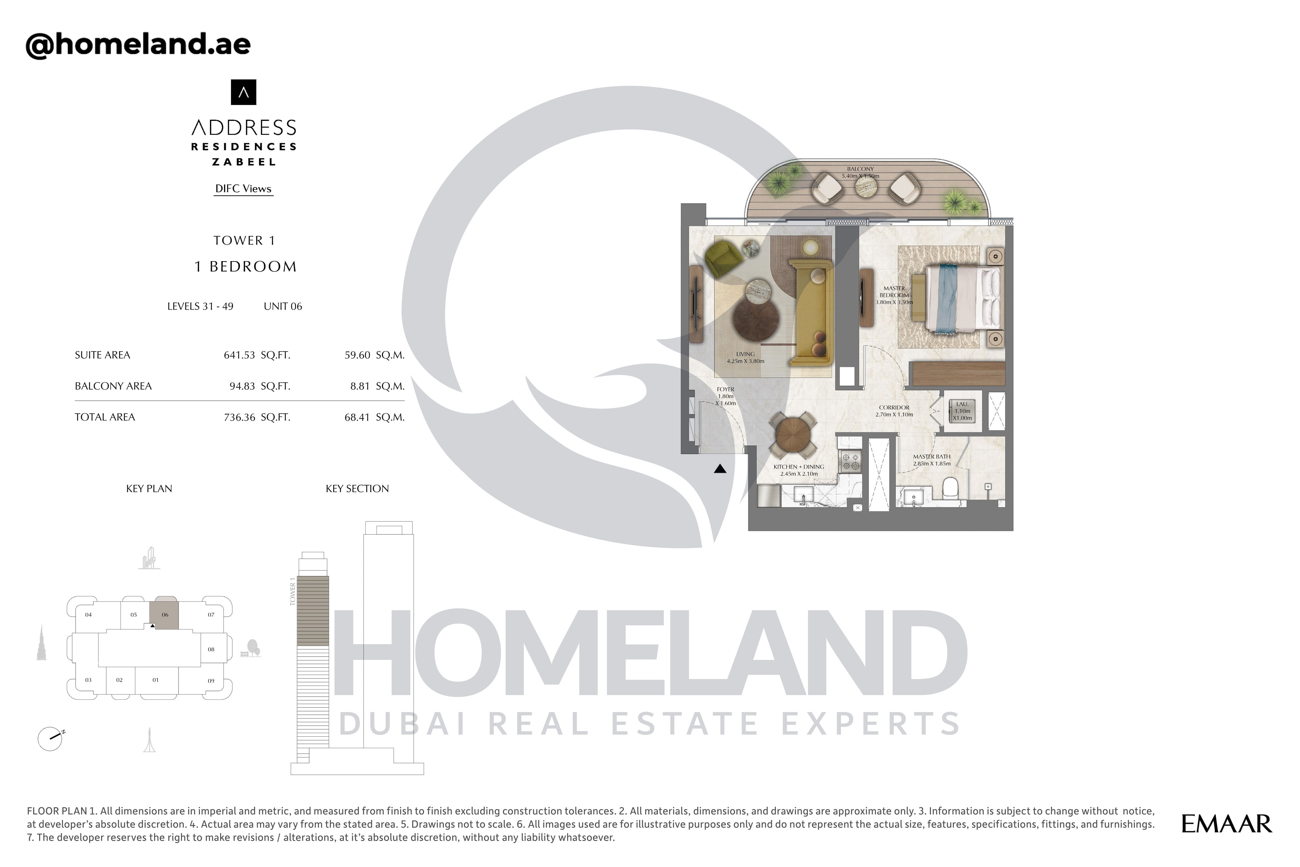 Address Residences Zabeel, Tower 1, 1BR, Level 31-49, Unit 06, 736 SQFT