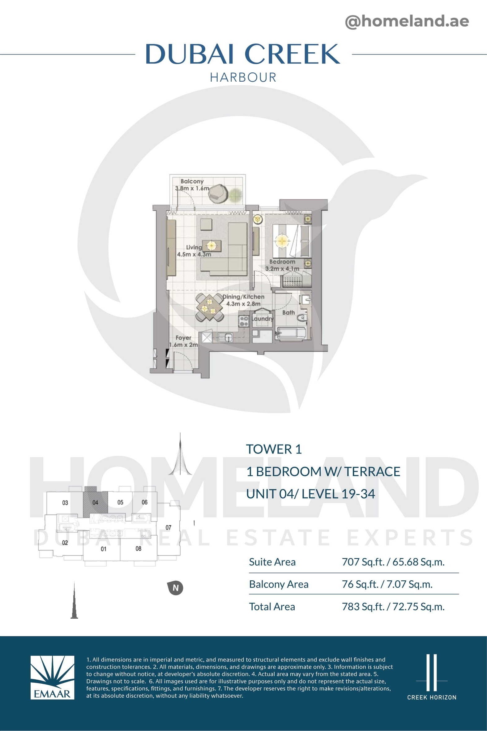 Creek Horizon, Tower 1, 1 BR Terrace, Unit 04, Level 19-34, 783 SQFT